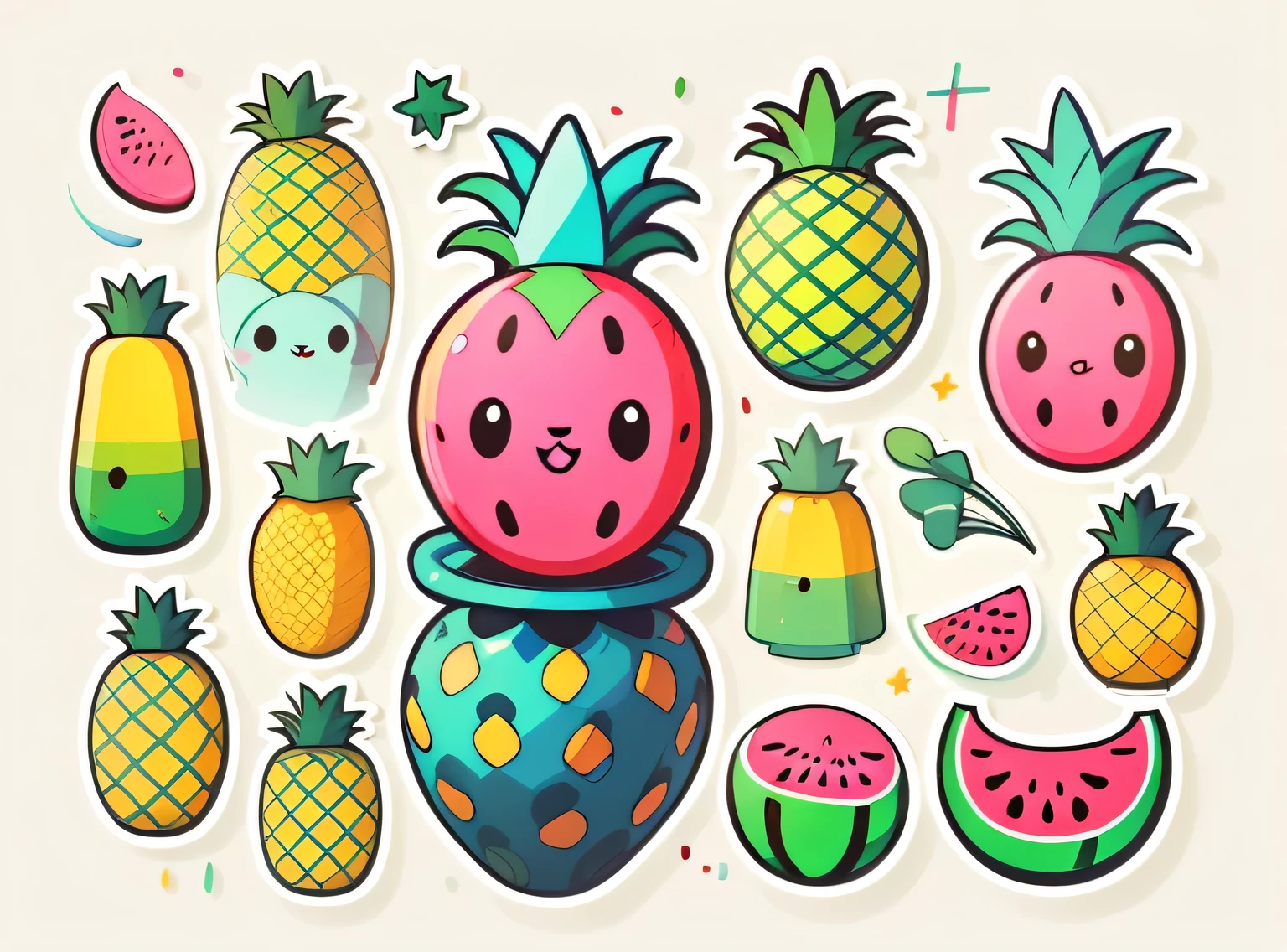 Adesivos individuais, 1 adesivo, (Melancia),(abacaxi), fundo branco, Nada de fundo, Backgound simples, I don't know, adorable, cor pastel, estilo vetorial, do not classify,refinamento。Frutas diversas,Todos os tipos de animais bonitos