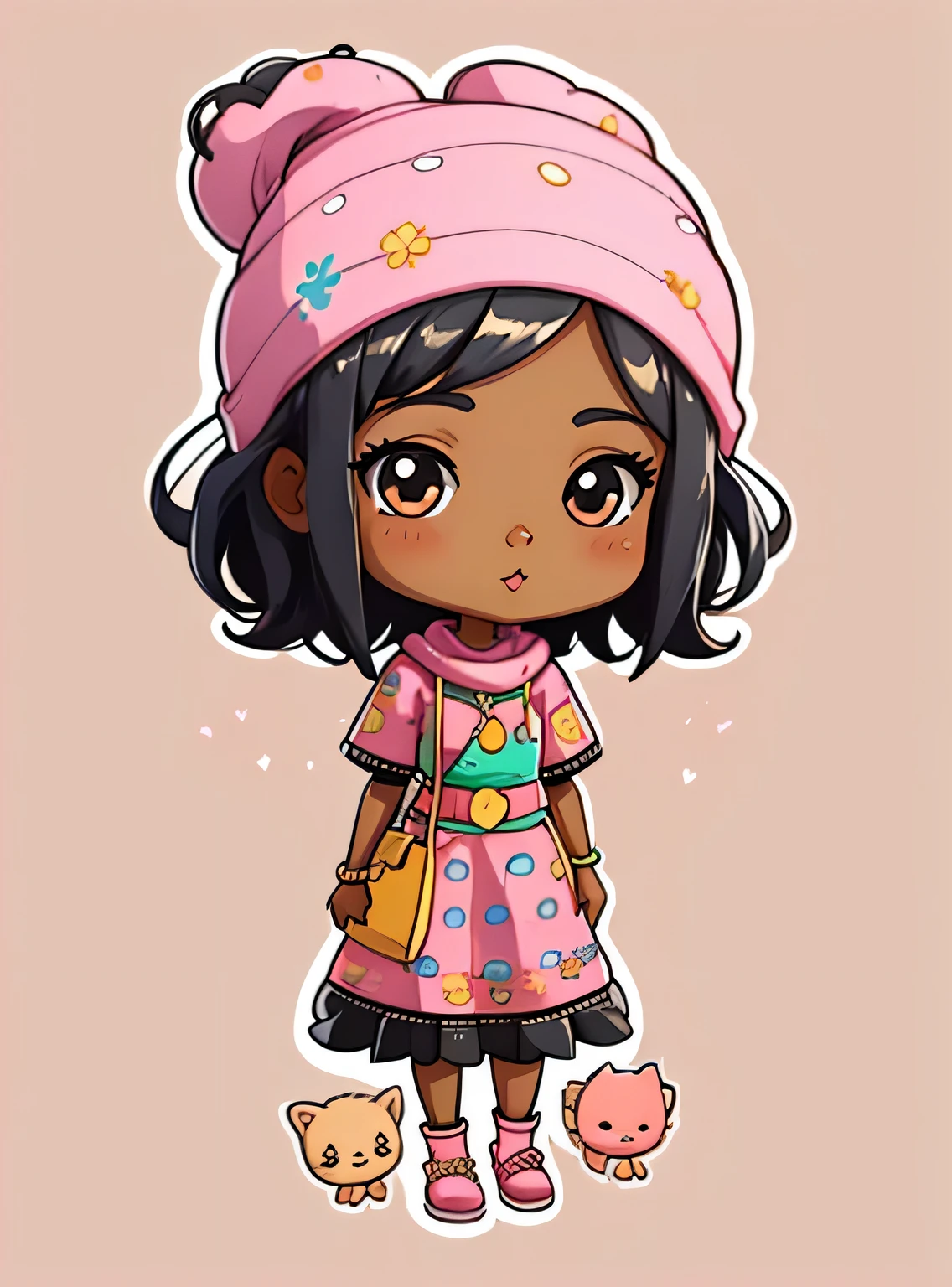 adesivo,1 garota, fundo rosa, ebony woman wearing ankara dress with matching headscarf, chibi bonito