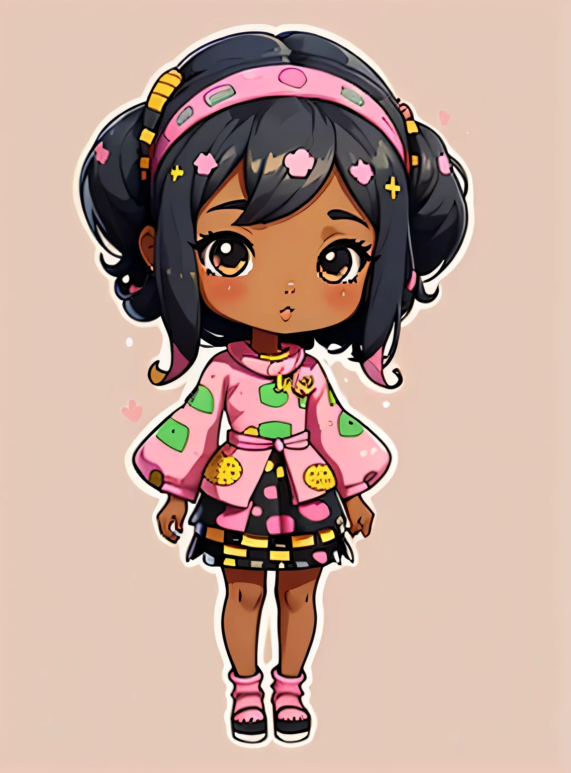 adesivo,1 garota, fundo rosa, ebony woman wearing ankara dress with matching headscarf, chibi bonito