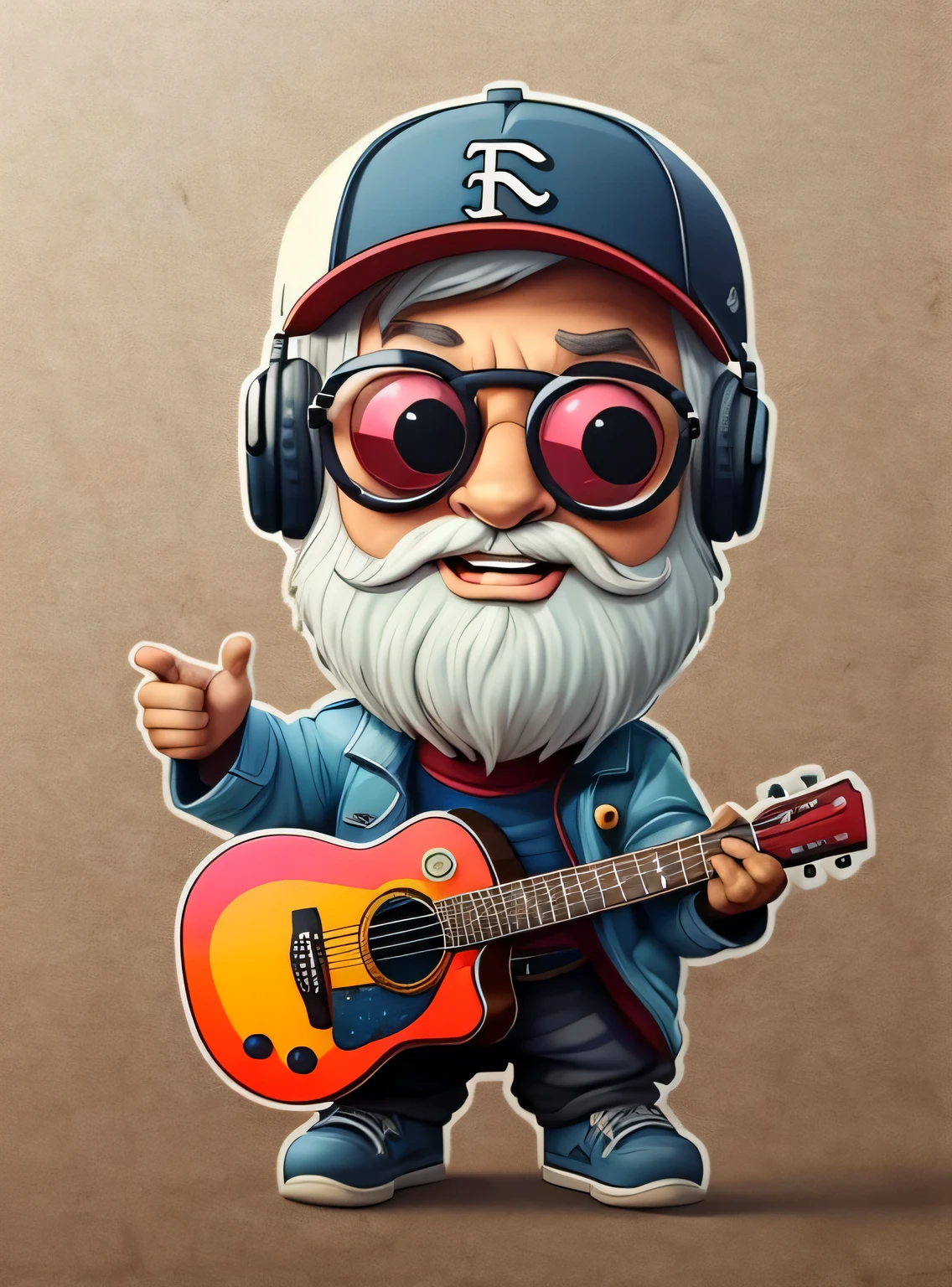 pegatina, Feliz colorido, 60 year old mini man with baseball cap glasses and short white beard, con Fones de ouvido e guitarra, kawaii, contorno, Vetor, fundo branco