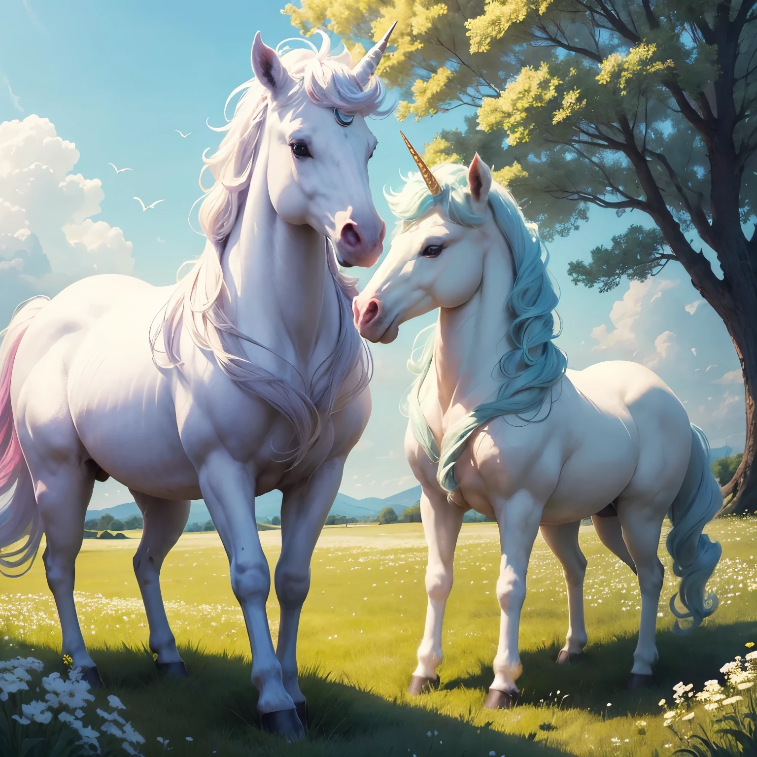 In the center of the canvas, a sweeping meadow unfurls, brimming with life and vibrant with color. A sea of delicate white flowers, each petal dancing in the gentle breeze, covers the landscape,The meadow is aflutter with activity, a tranquil haven for its residents.Two unicorns, symbols of purity and enchantment, graze and frolic among the flowers. Their snowy coats glisten in the soft light, their manes and tails trailing behind them like liquid silk. They are the very essence of ethereal beauty, with their horned heads held high, proud and regal.The nearer unicorn stares directly at the observer, its large eyes a deep blue, rimmed with a smoky black. Its horn, the length of a grown man's arm, is sleek and polished, pointing towards the sky like a beacon of hope. The horn's color ranges from a light ivory at its base to a translucent tip, symbolizing both its purity and power.The other unicorn stands slightly apart, its gaze directed off to the side, as if lost in some otherworldly thought. Its horn, similar in length and structure, angles towards the ground, adding a touch of gravity to its majestic presence.The meadow itself is more than just a backdrop; it's a character in its own right. The flowers, ranging from baby blue to soft pink, add a touch of warmth and diversity to the scene, The grass beneath their feet is lush and green, its blades moving in unison with the wind, creating a gentle rustling sound that complements the unicorns' movements.The overall ambiance is one of serenity and enchantment. The meadow is a sanctuary where magic and beauty coexist, where unicorns roam freely and where every moment is filled with enchantment. This painting is more than just a depiction of two mythical creatures; it's a window into a world of dreams and wishes, a world where anything is possible,completing the stable diffusion of serenity and contentment,masterpiece, best quality