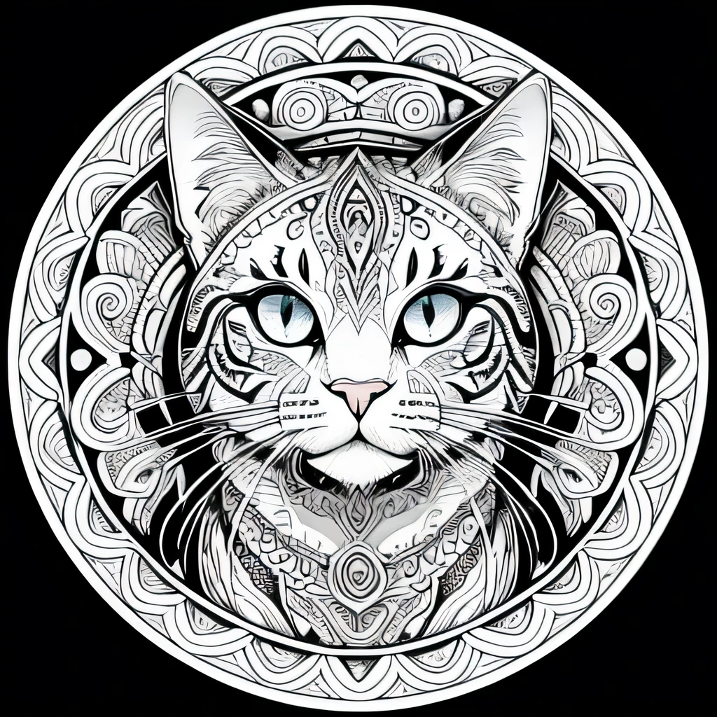 desenhos para colorir, using only thin strokes, sem pintura, desenho em preto e branco do rosto de um gato em uma moldura circular de mandala, gato detalhado no meio, desenhos para colorir, hyper arte de linha detalhada, arte de linha fina, arte vetorial em preto e branco, ink strokes, Intrincado e ousado, highly detailed and hypnotic illustration, trabalho de linha altamente detalhado, arte de linha detalhada, pelos detalhes intrincados. spaced so it can be colored, just spaces to color