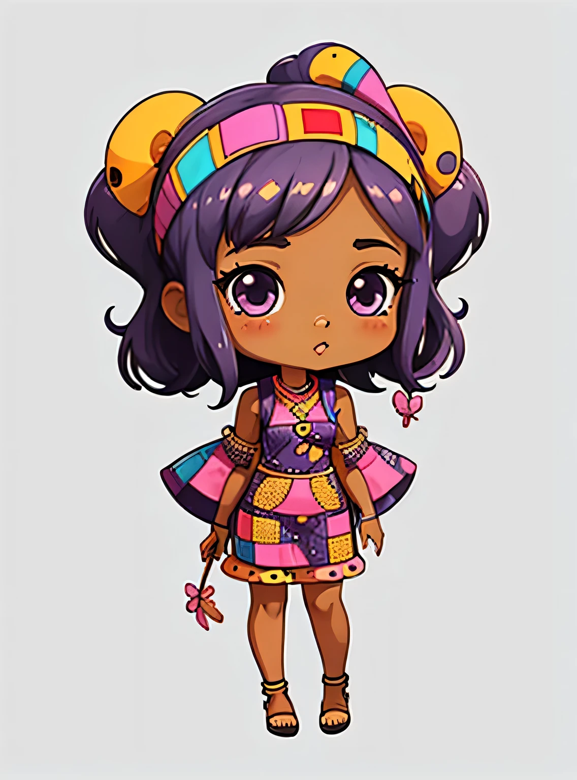 adesivo,1 garota, lilac background, ebony woman wearing ankara dress with matching headscarf, chibi bonito