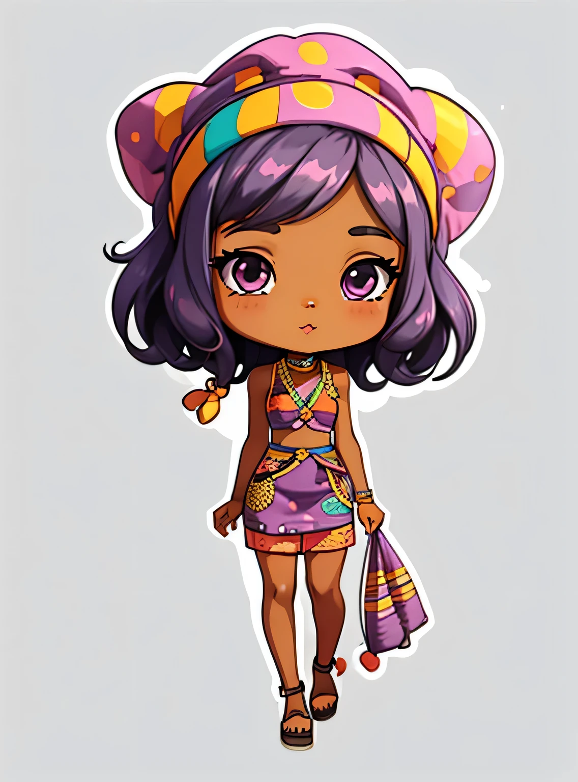 adesivo,1 garota, lilac background, ebony woman wearing ankara dress with matching headscarf, chibi bonito