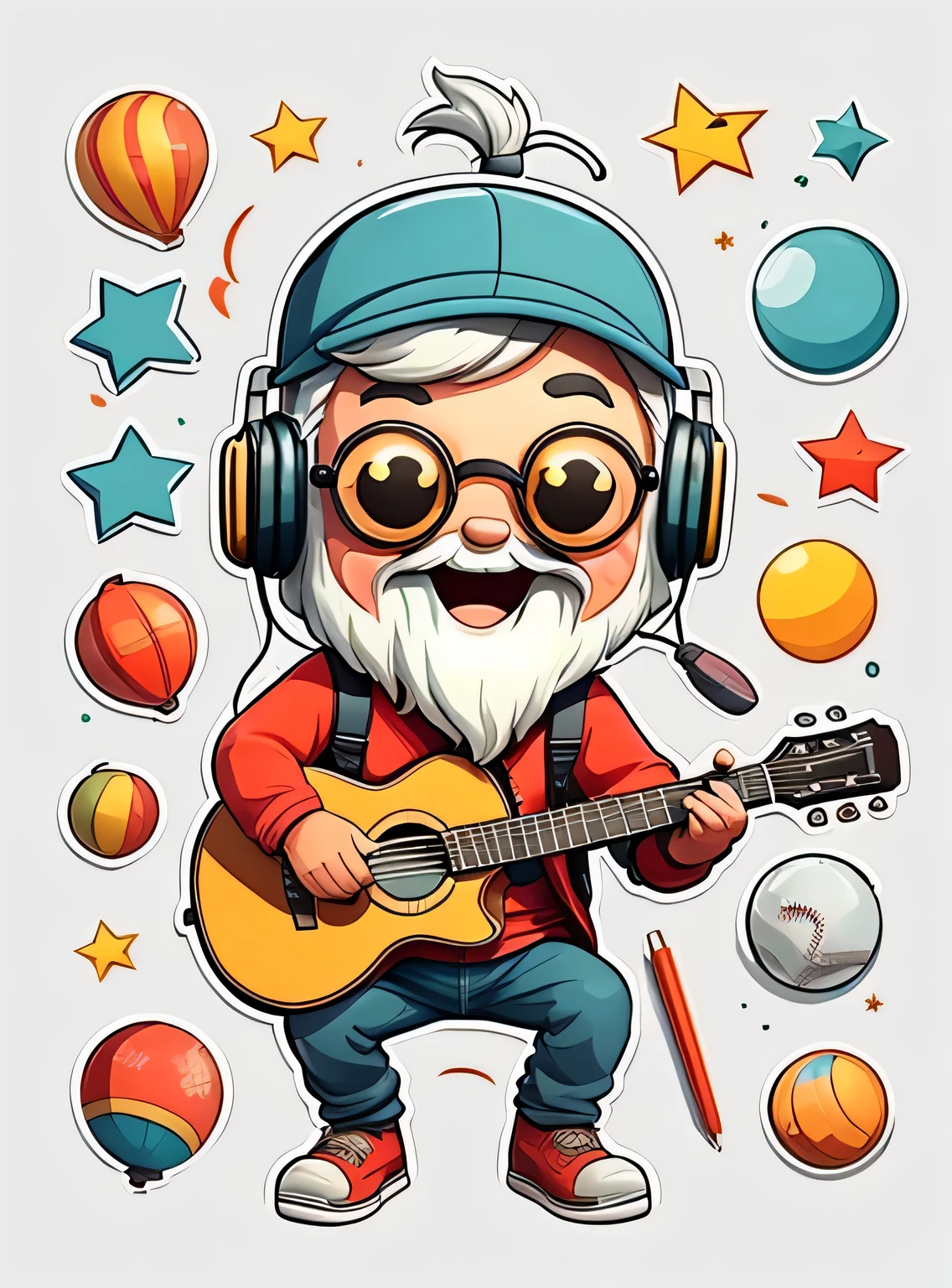 adesivo, Feliz colorido, 60 year old mini man with baseball cap glasses and short white beard, com fones de ouvido e guitarra, kawaii, contorno, Vetor, fundo branco