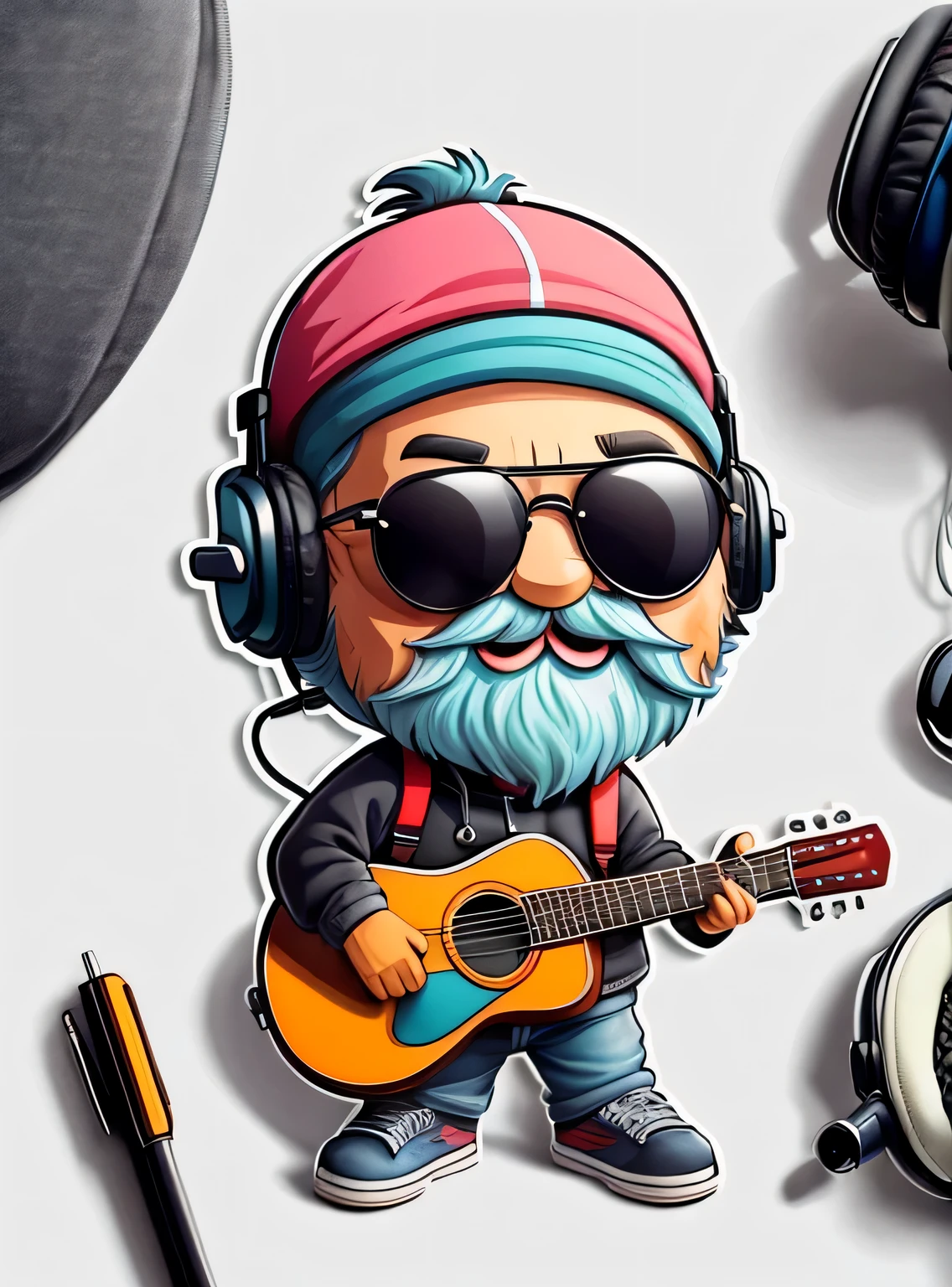 adesivo, Feliz colorido, 60 year old mini man with baseball cap glasses and short white beard, com fones de ouvido e guitarra, kawaii, contorno, Vetor, fundo branco