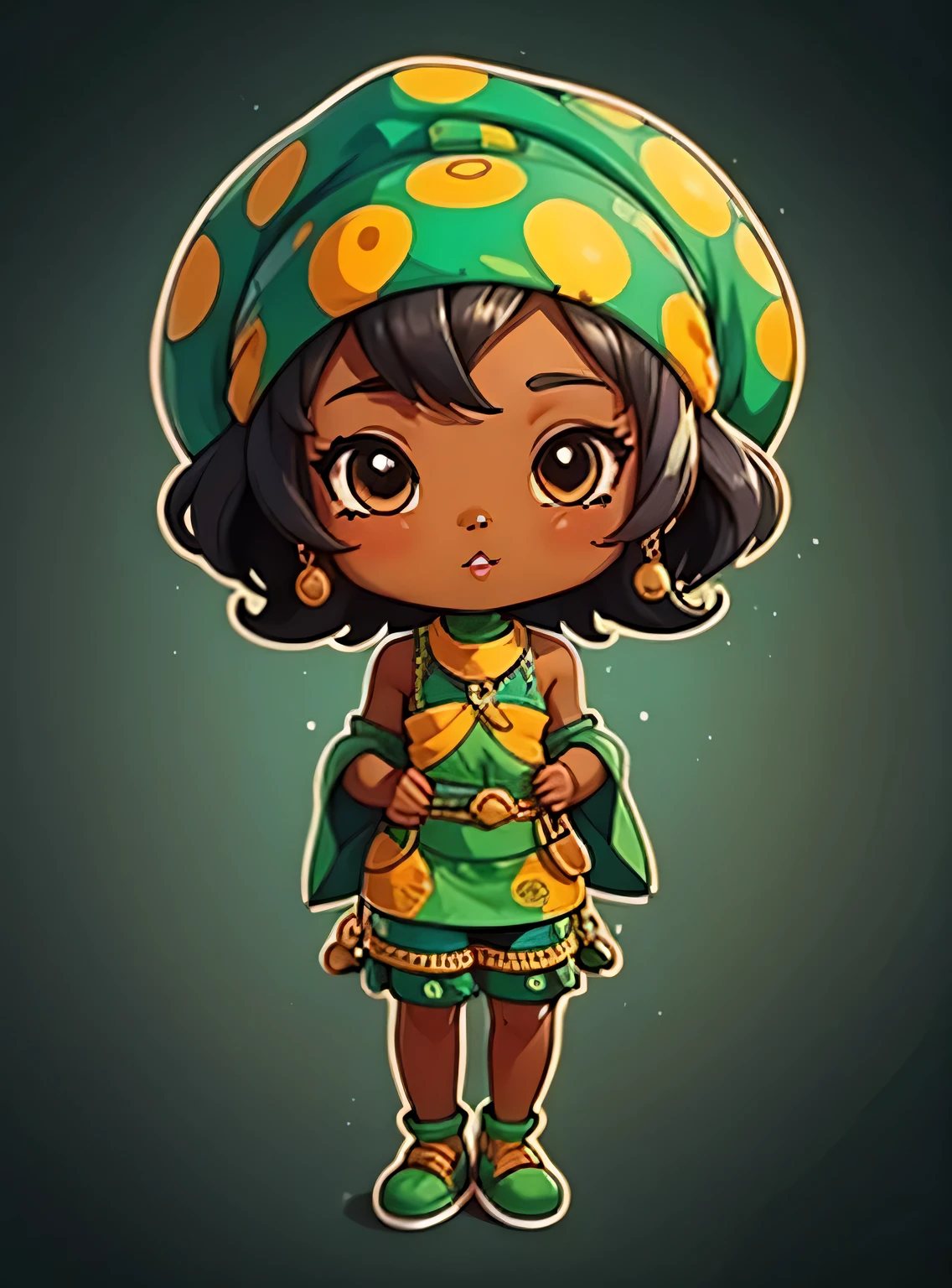 adesivo,1 garota, fundo verde, ebony woman wearing ankara dress with matching headscarf, chibi bonito