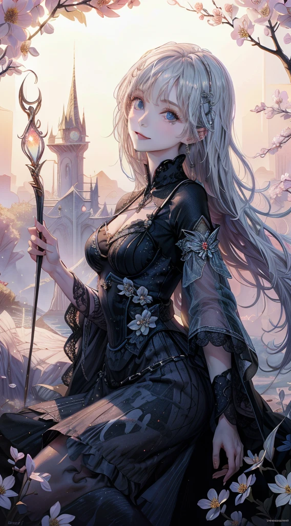 masterpiece, highest quality, 1 girl,witch, ((witchの帽子)), Magical girl,black clothes, long silver hair, shining blue eyes, white skin, Slender, magic wand, (smile), High Fantasy,dreamy digital painting, magical colors and atmosphere,soft light, fantasy art,small breasts,sideways glance,,short,wonderful spring flower mood,In the mysterious forest,sideways glance