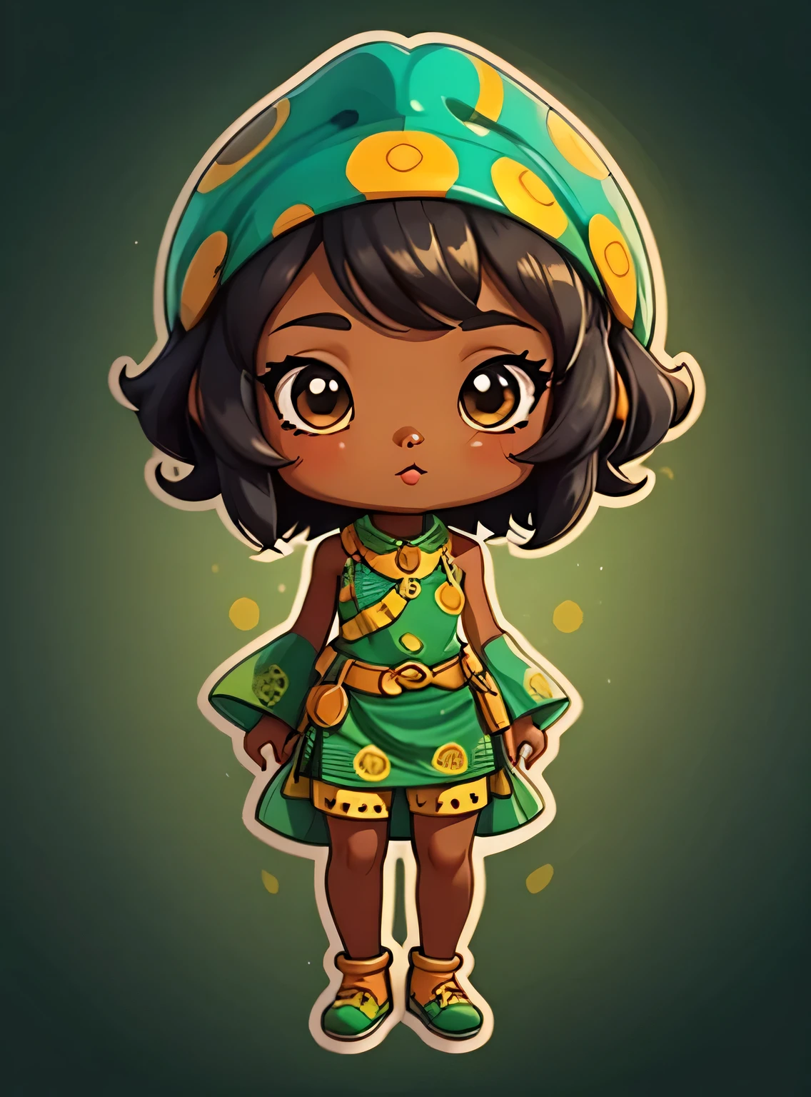 adesivo,1 garota, fundo verde, ebony woman wearing ankara dress with matching headscarf, chibi bonito