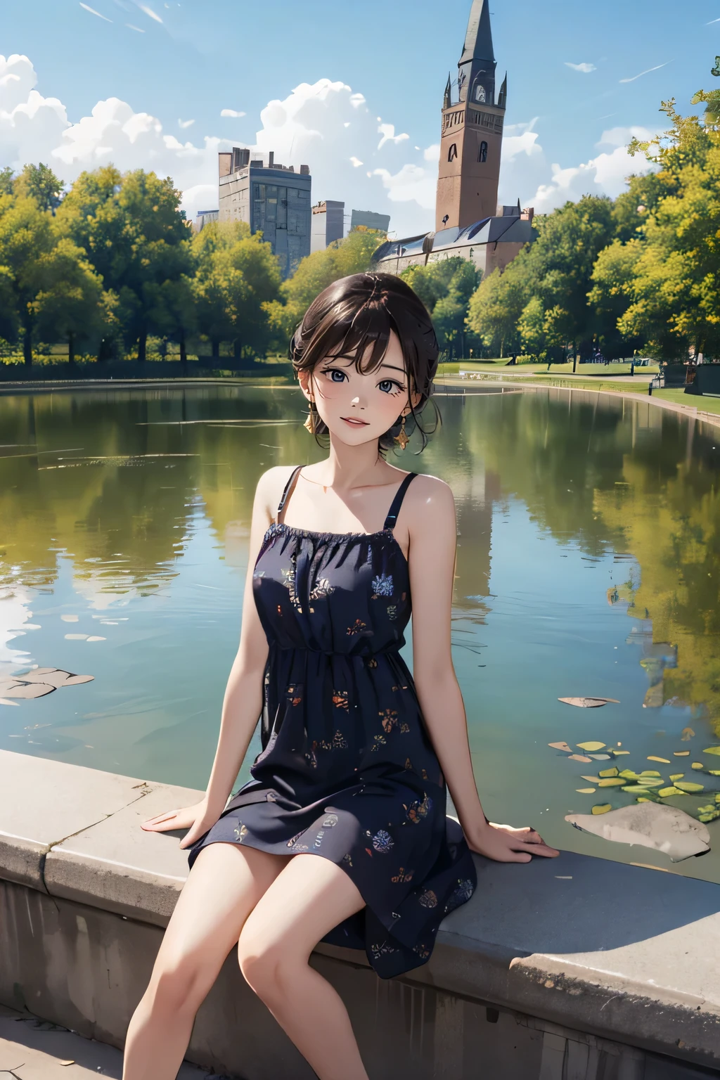 sitting on the bollard, spread her legs, all sorts of pattern of casual dress, tiny earrings, sweat, joying smile, in the park, pond, bridge, big sky, buildings, light-makeup,