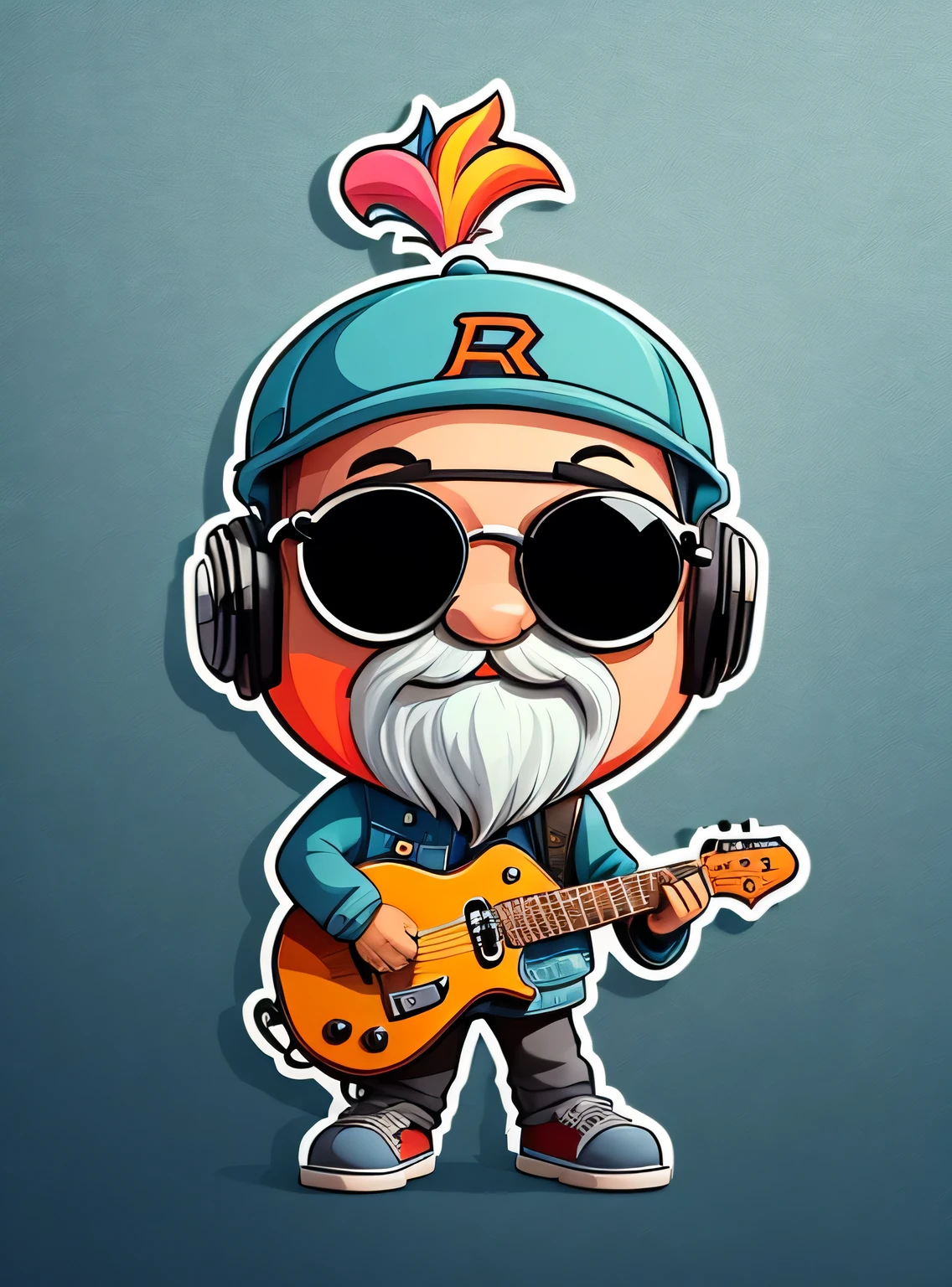 adesivo, Feliz colorido, 60 year old mini man with baseball cap glasses and short white beard, com fones de ouvido e guitarra, kawaii, contorno, Vetor, fundo azul