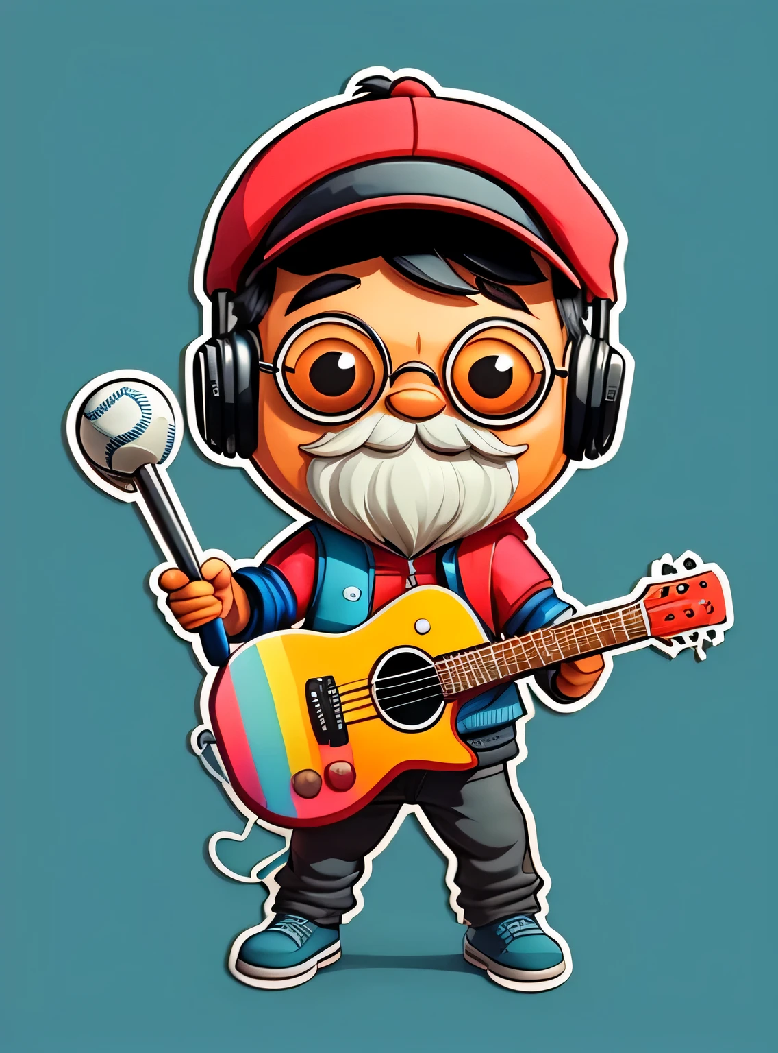 adesivo, Feliz colorido, 60 year old mini man with baseball cap glasses and short white beard, com fones de ouvido e guitarra, kawaii, contorno, Vetor, fundo azul