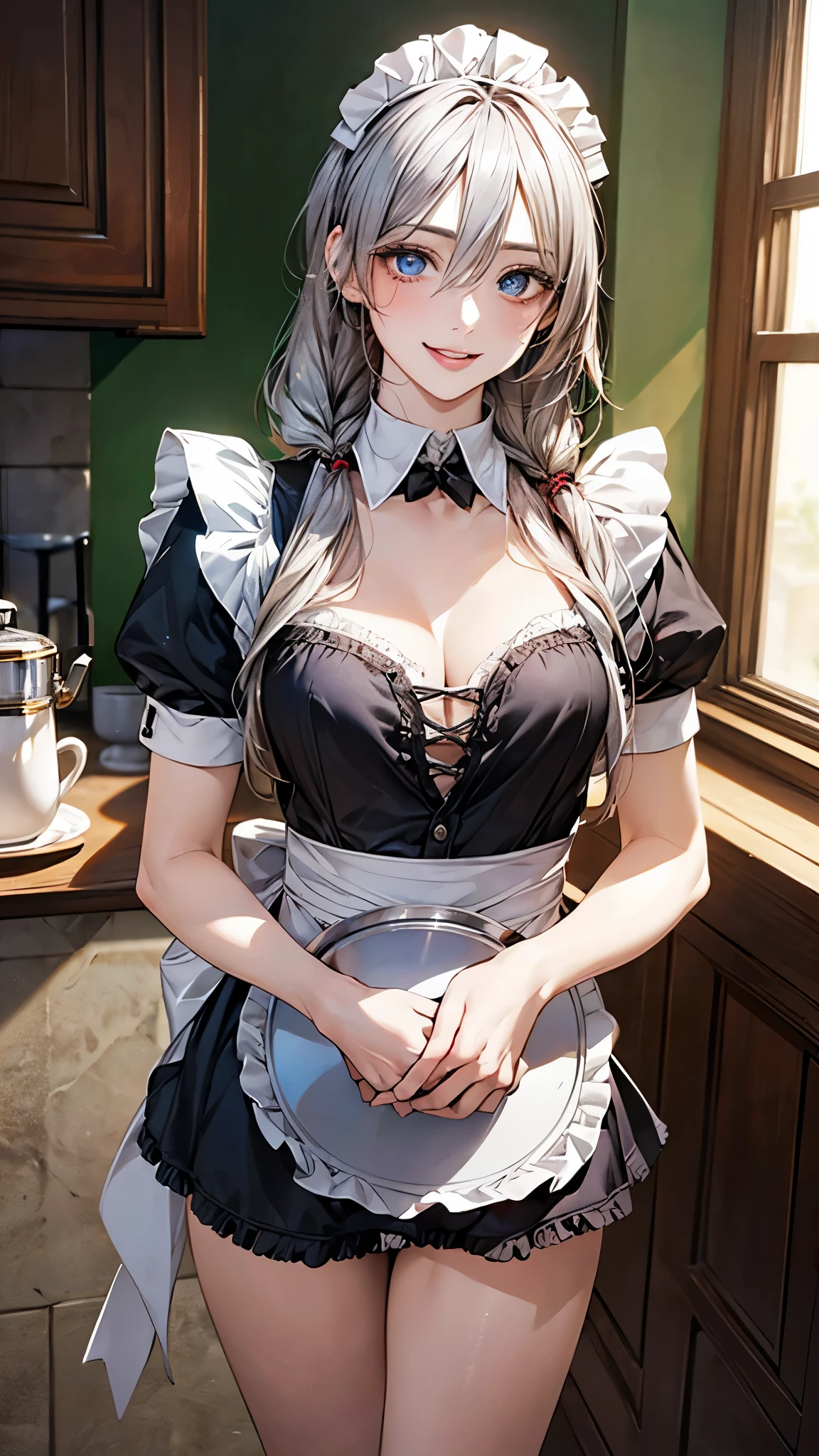 (masterpiece:1.2, top-quality), (realistic, photorealistic:1.4), beautiful illustration, (natural side lighting, movie lighting), ,
(looking at viewer), 1 girl, japanese, , perfect face, perfect body, cute and symmetrical face, shiny skin, ,
(long hair:1.2, straight hair:1.2, silver hair), single braid, hair between eyes, blue eyes, big eyes, drooping eyes, long eye lasher, (large breasts:0.6),
beautiful hair, beautiful face, beautiful detailed eyes, beautiful clavicle, beautiful body, beautiful chest, beautiful thighs, beautiful legs,
((victorian maid)),
(beautiful scenery), evening, kitchen room, standing, (put a café tray on the hands), (;D),