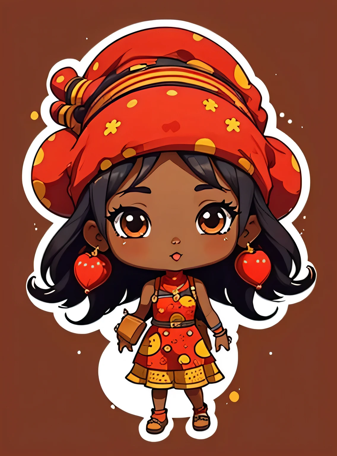 adesivo,1 garota, fundo vermelho, ebony woman wearing ankara dress with matching headscarf, chibi bonito
