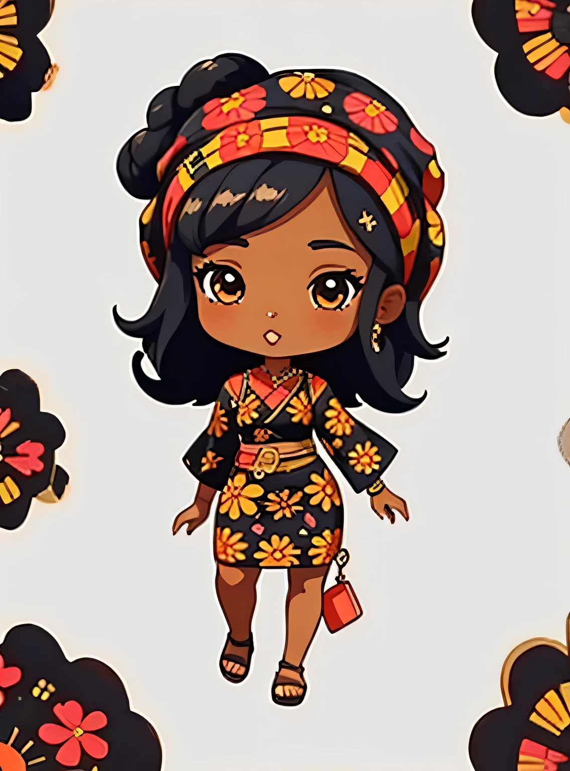 adesivo,1 garota, fundo floral, ebony woman wearing ankara dress with matching headscarf, chibi bonito
