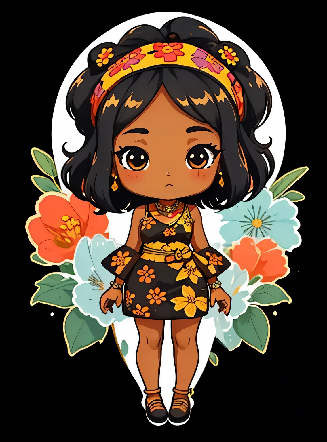 adesivo,1 garota, fundo floral, ebony woman wearing ankara dress with matching headscarf, chibi bonito