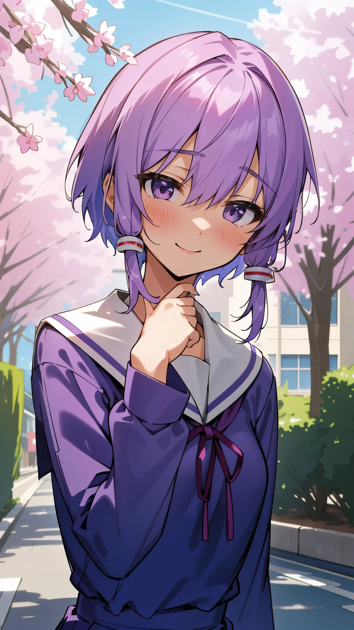 Yuitsuki Yukari、18-year-old、Slender body type、smile、blush、Light purple hair、short hair、(hair between eyes)、upper body close-up、daytime、under the street tree、(She wears a sailor school uniform that combines pink and blue.:1.2)、muste piece、high resolution、4K