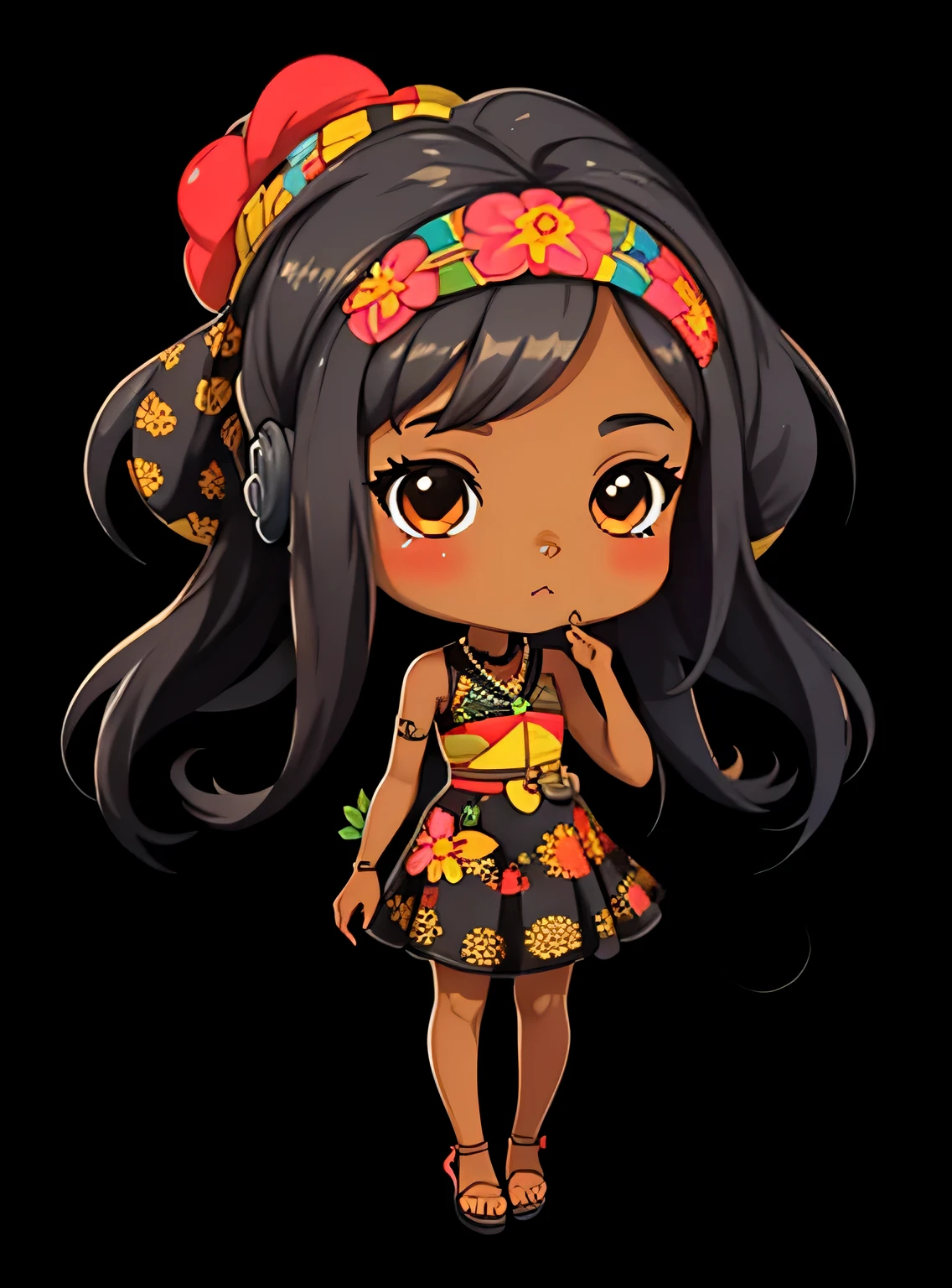 adesivo,1 garota, fundo floral, ebony woman wearing ankara dress with matching headscarf, chibi bonito