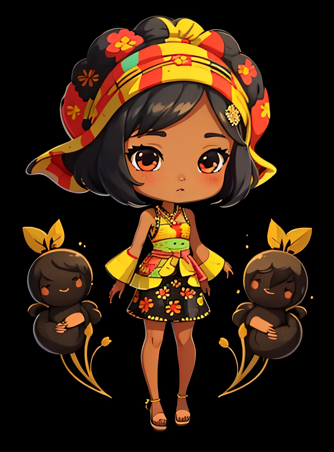 adesivo,1 garota, fundo floral, ebony woman wearing ankara dress with matching headscarf, chibi bonito