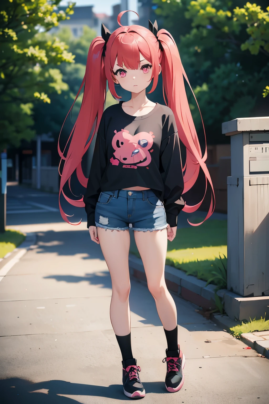 young girl, red hair, girl, small breasts, twintail hair, pink bangs, pink eyes, black top shirt, blue jeans short, in a ´park, looking at viewer, 4k, masterpiece, 8k, detailed, Hd anime, all body in art, full body