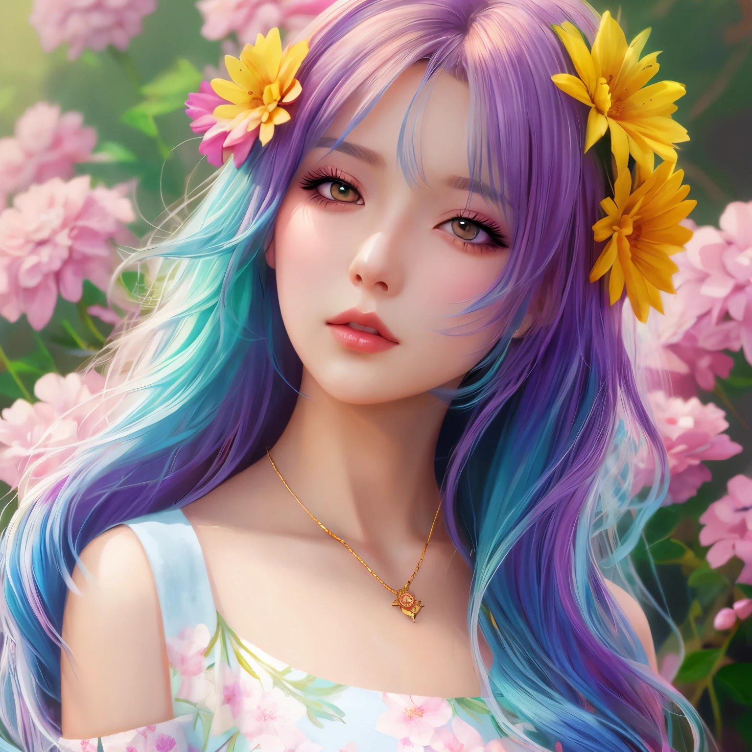 Close-up of a woman with curled hair and flowers in her iridescent hair, fantasy art style, artgerm colorful!!!, anime style 4k, cute realistic portrait, colorful digital fantasy art, beautiful anime portrait, beautiful anime art style, realistic anime art style,