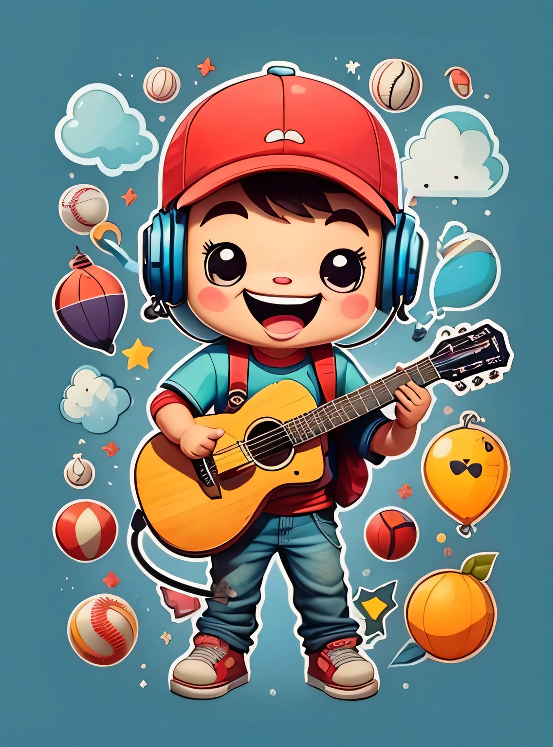 adesivo, Feliz colorido, boy with baseball cap, glasses and short white beard, com fones de ouvido e guitarra, kawaii, contorno, Vetor, fundo azul