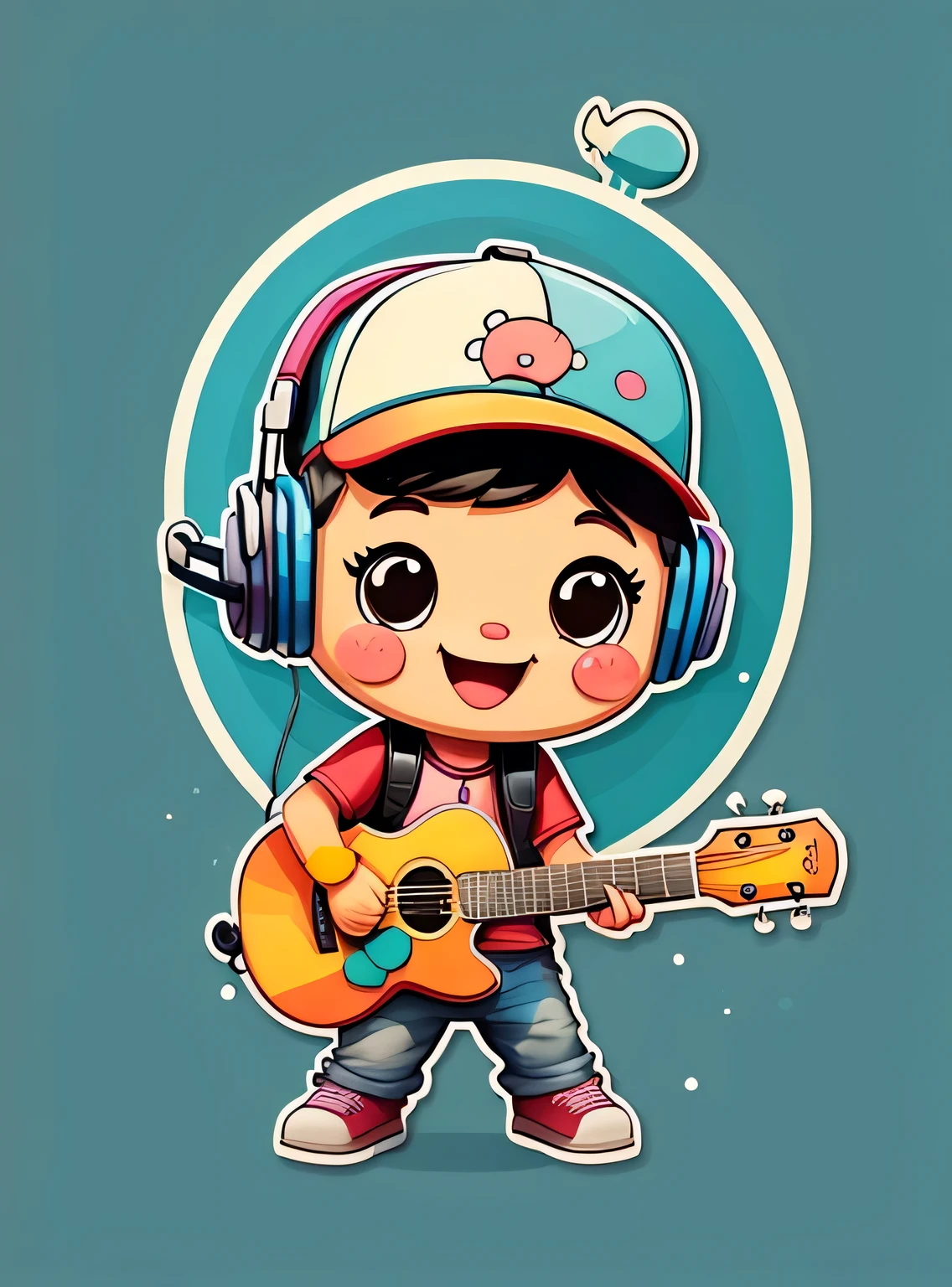 adesivo, Feliz colorido, boy with baseball cap glasses, com fones de ouvido e guitarra, kawaii, contorno, Vetor, fundo azul