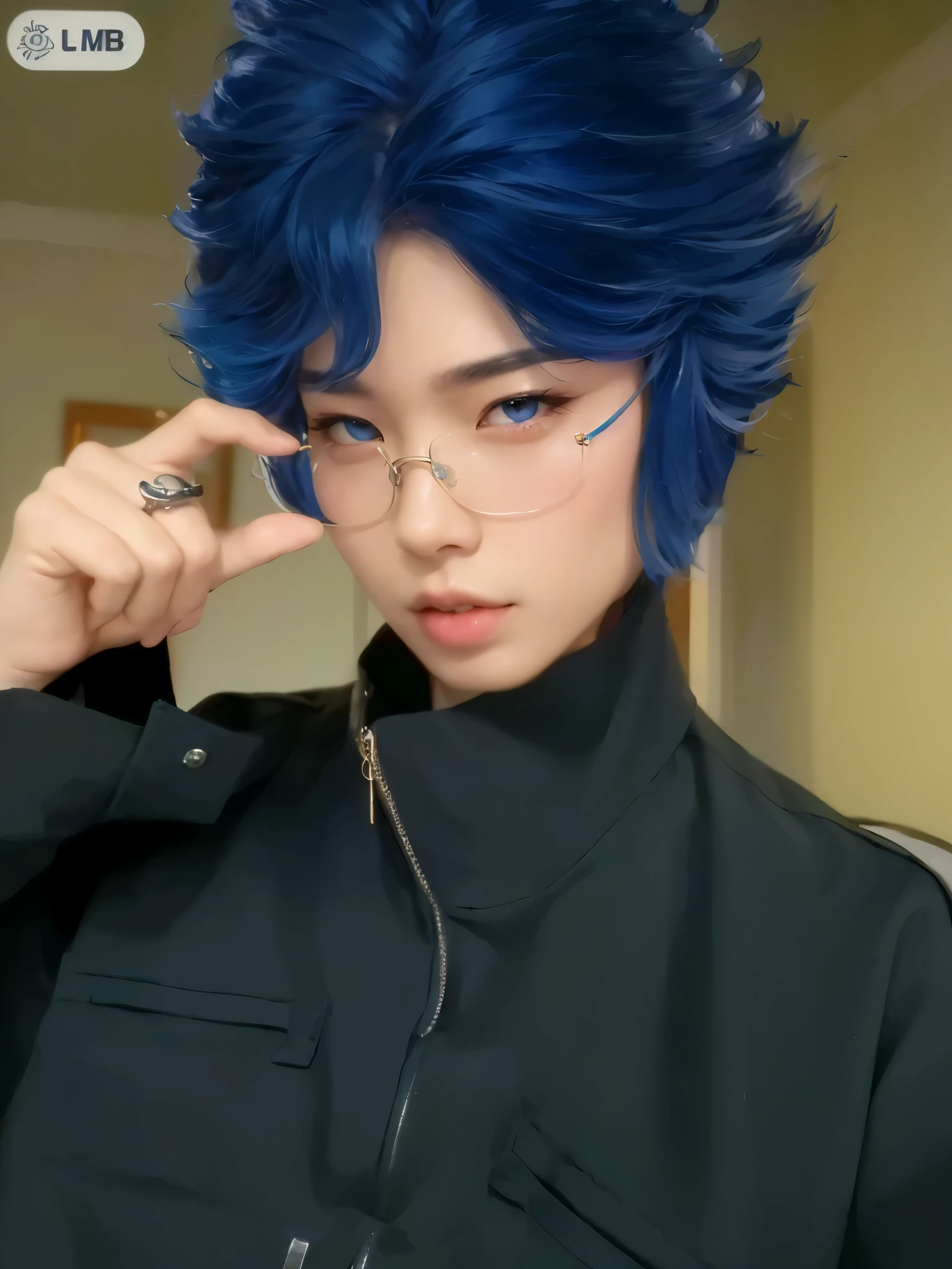 (highres,ultra detailed),(photorealistic:1.37),A man with blue hair,Asian idol,beautiful detailed eyes,beautiful detailed lips,stunning appearance,fashion (Hd 4k) asian boy