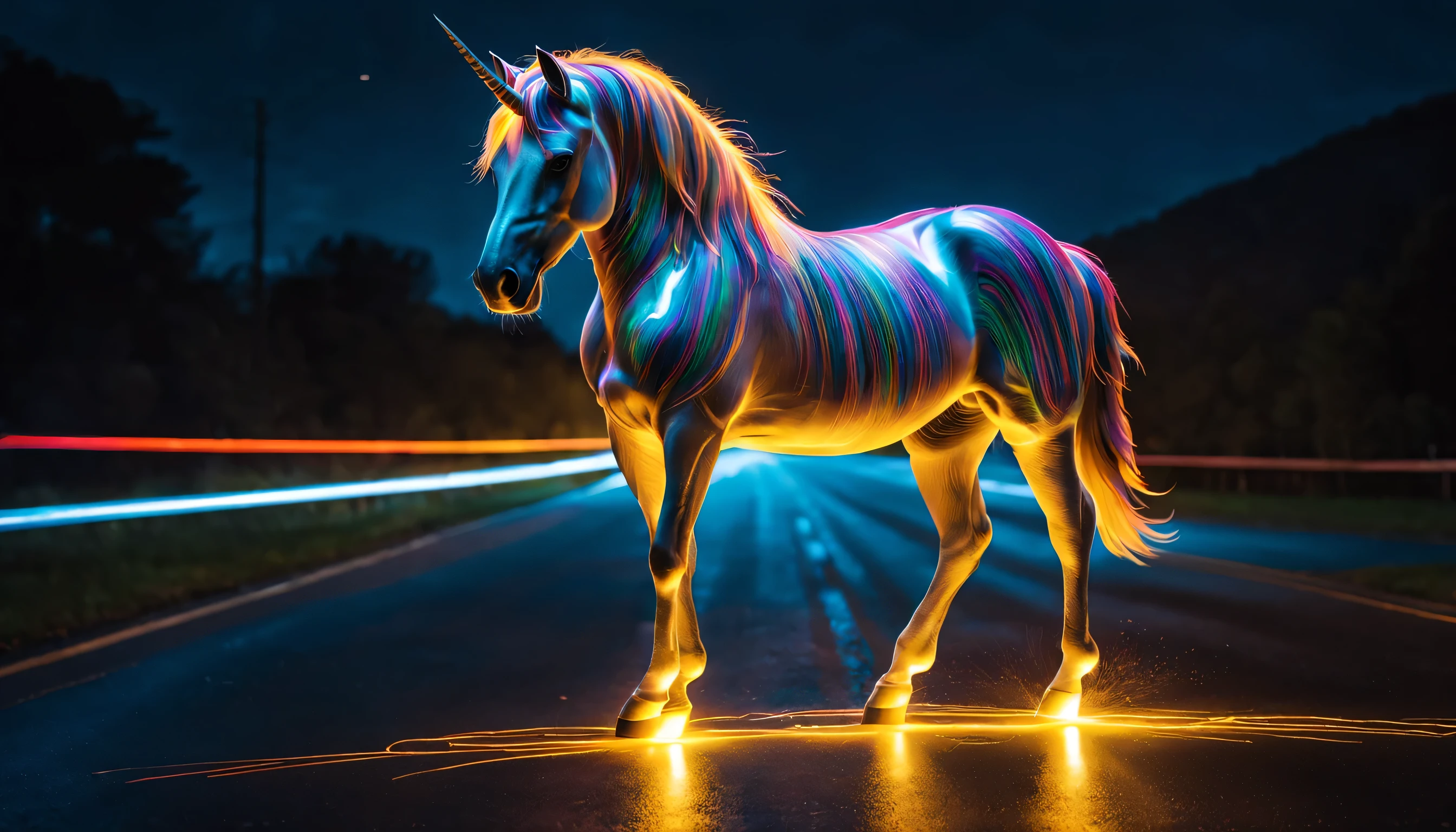 (light painting photography of a unicorn),centered,glowing lines,iridescent wet road,sharp focus,ultra-detailed,(8k),(masterpiece),intricate,hyperrealistic,cinematic lighting,backlit,full colors,(gorgeous color grading),colorful,majestic,raytracing,photorealistic,creative,expressive,divine proportion,ISO 6400,f/4,60 sec,long exposure