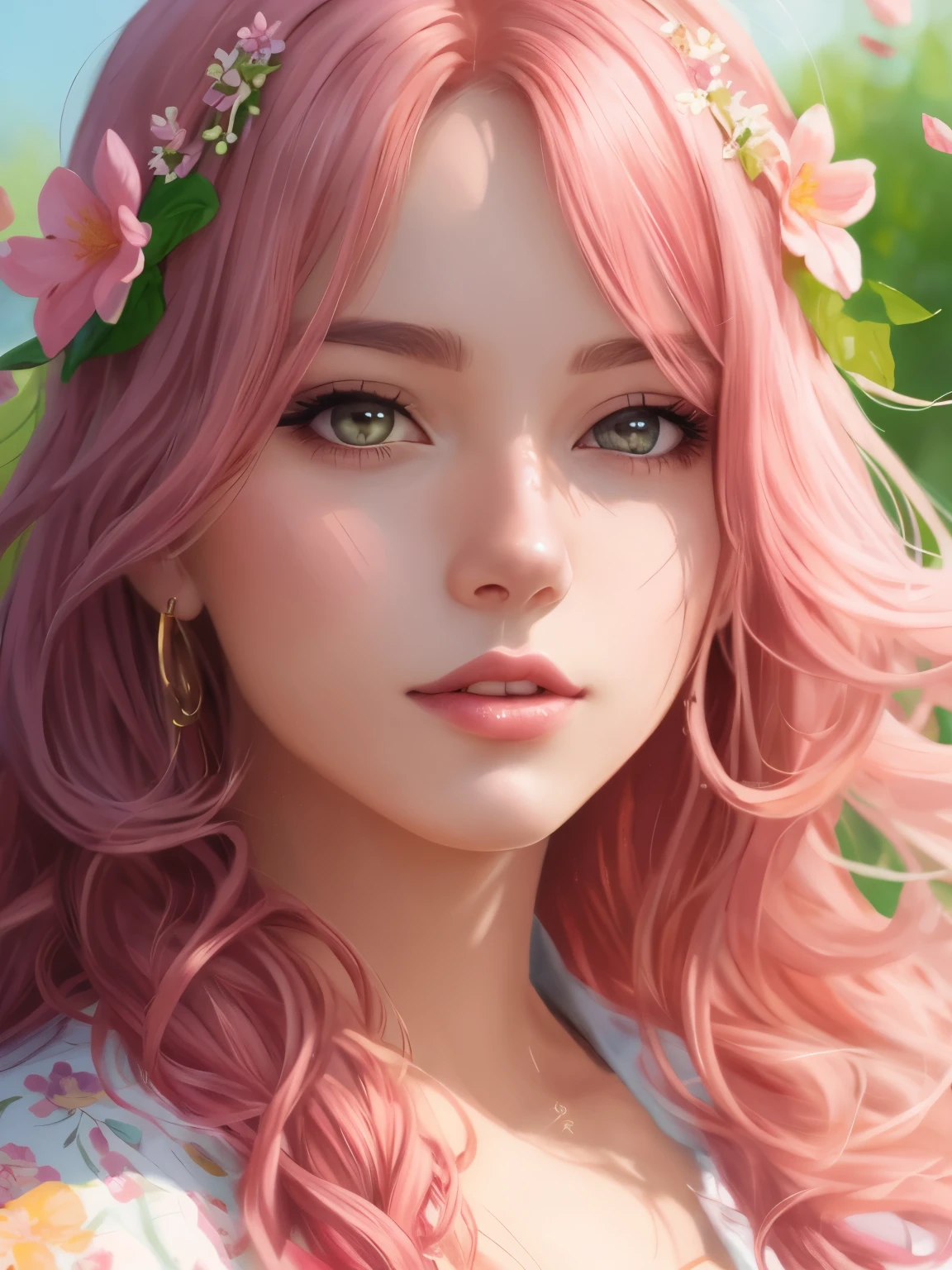 Close-up of a woman with curly pink hair and flowers in her hair, 8K high quality detailed art, realistic digital art 4k, Realistic Digital Art 4k, cute realistic portrait, 🌺 cgsociety, detailed digital anime art, detailed painting 4k, Detailed portrait of anime girl