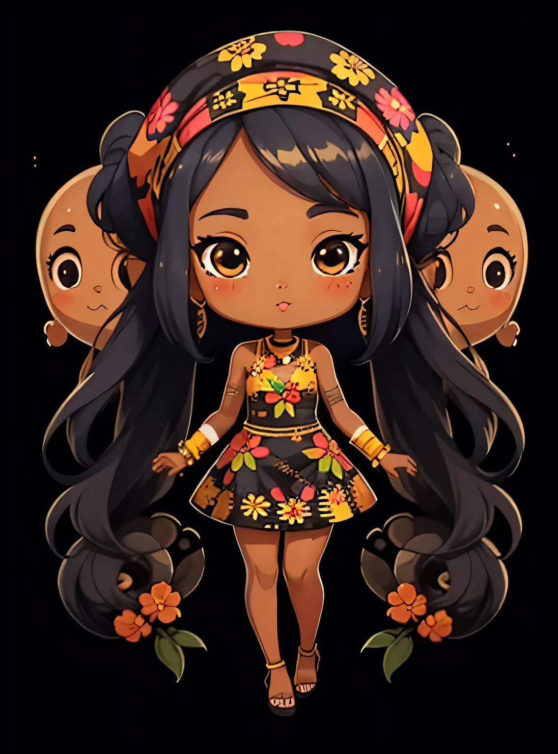 adesivo,1 garota, fundo floral, ebony woman wearing ankara dress with matching headscarf, chibi bonito