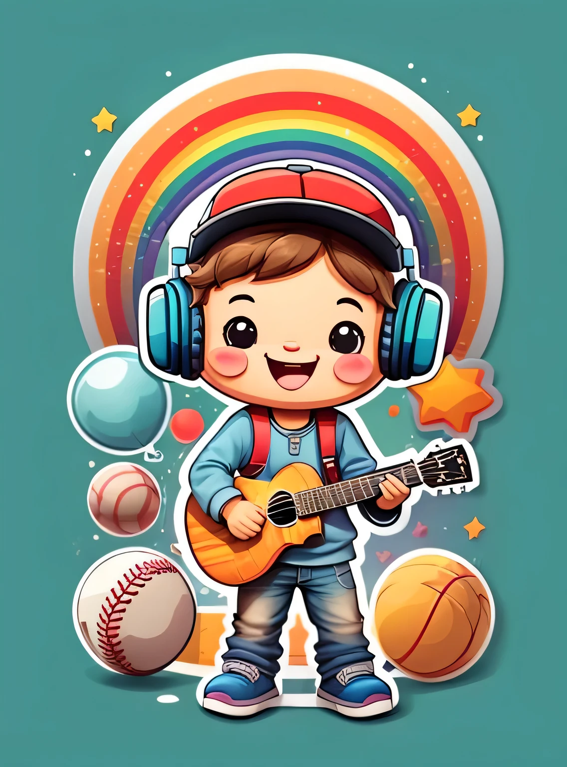 adesivo, Feliz colorido, boy with baseball cap glasses, com fones de ouvido e guitarra, kawaii, contorno, Vetor, rainbow background