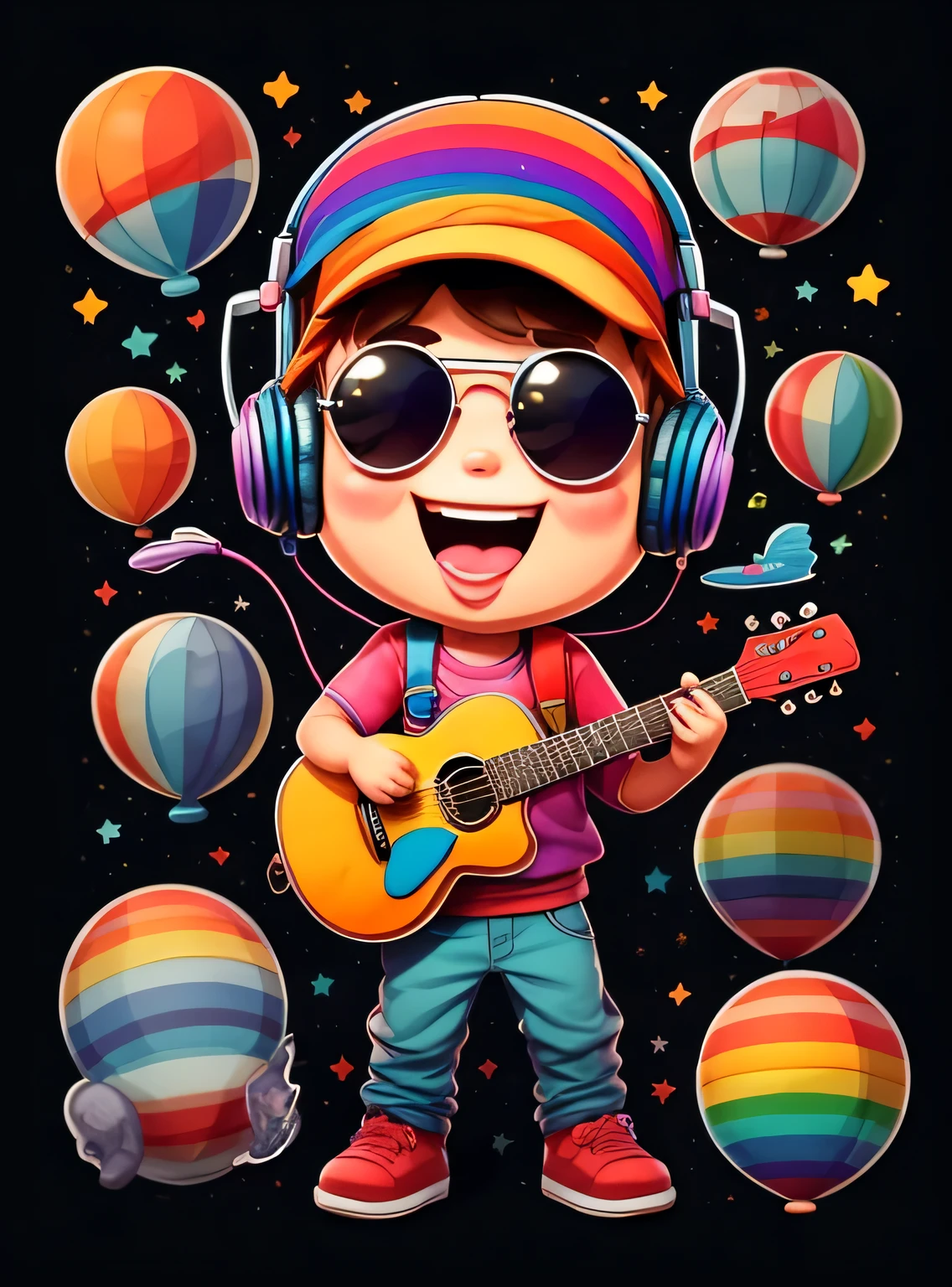 adesivo, Feliz colorido, boy with baseball cap glasses, com fones de ouvido e guitarra, kawaii, contorno, Vetor, rainbow background