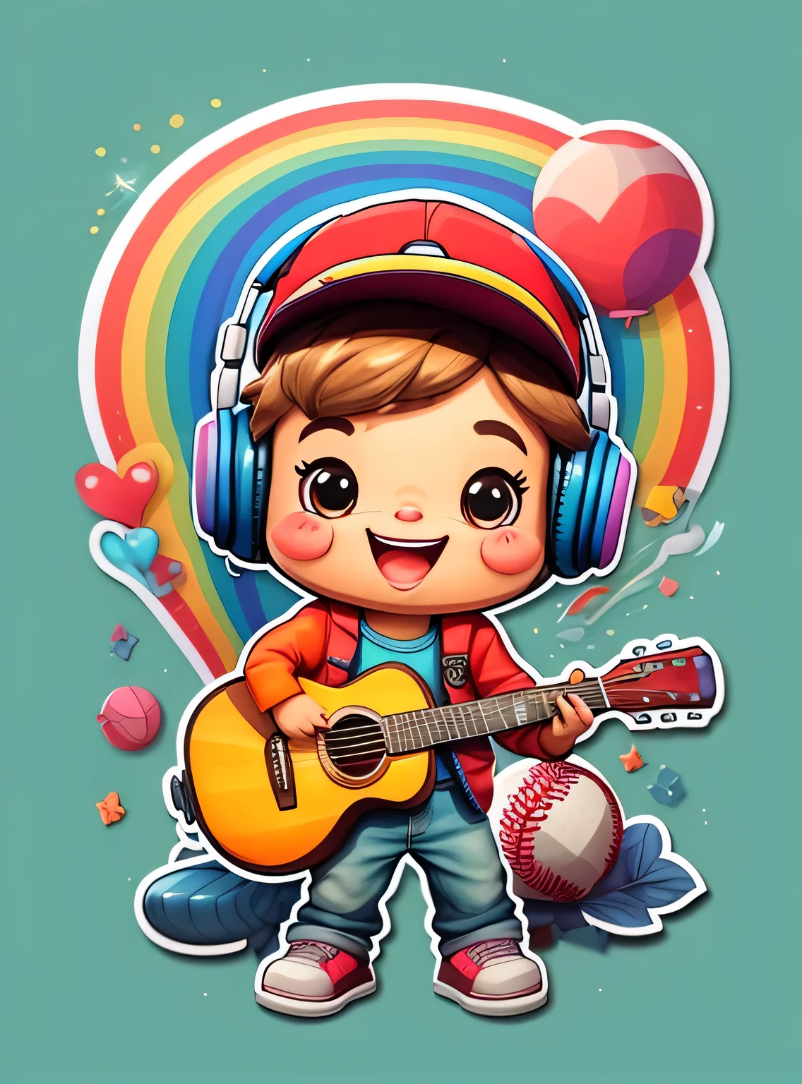 adesivo, Feliz colorido, boy with baseball cap glasses, com fones de ouvido e guitarra, kawaii, contorno, Vetor, rainbow background
