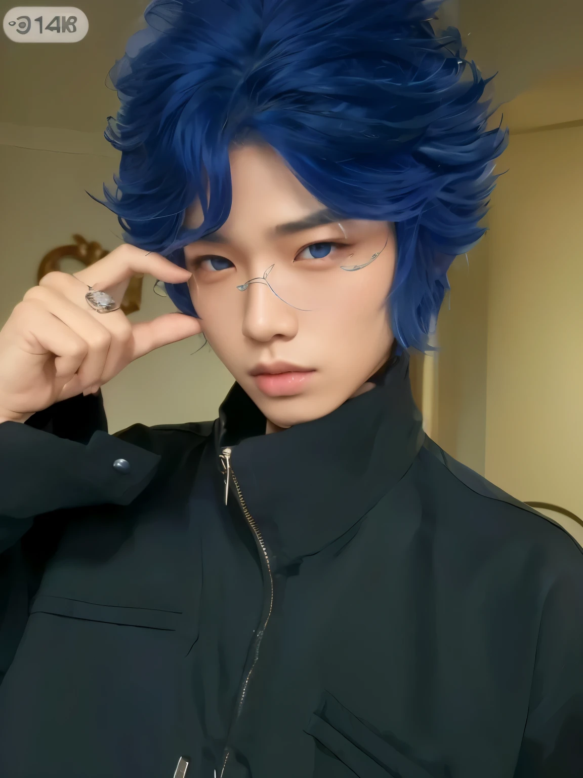 (highres,ultra detailed),(photorealistic:1.37),A man with blue hair,Asian idol,beautiful detailed eyes,beautiful detailed lips,stunning appearance,fashion (Hd 4k) asian boy