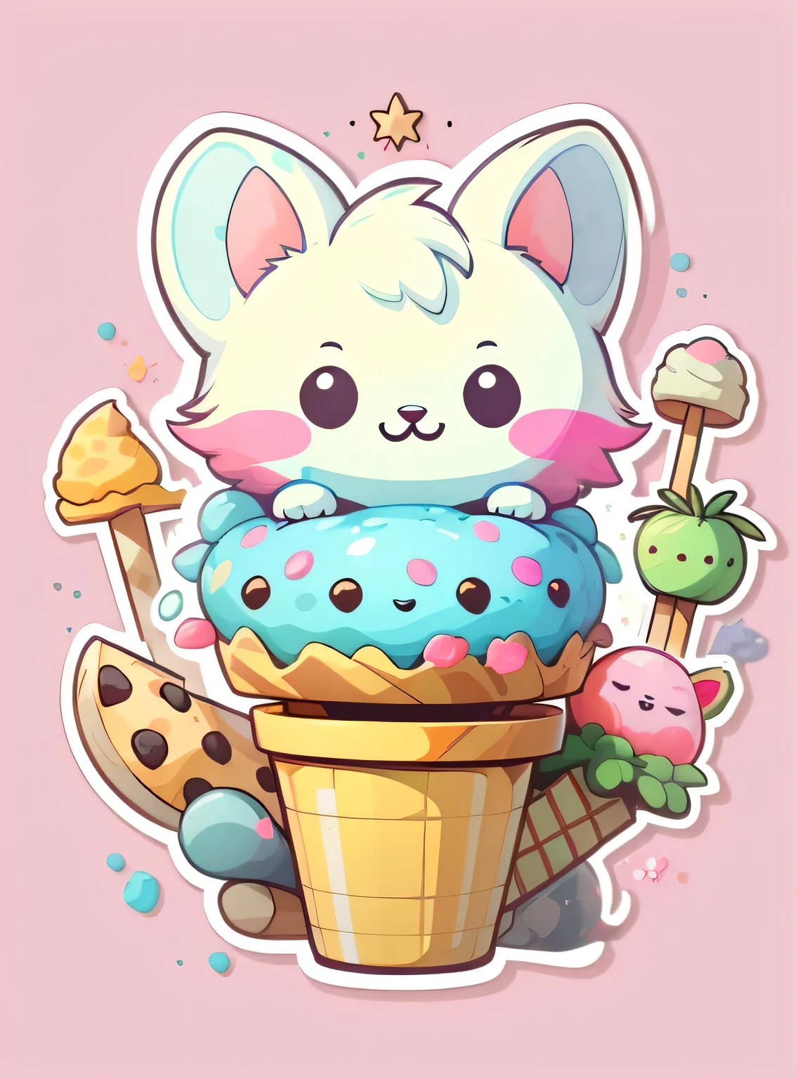 Adesivos individuais, 1 adesivo, (sorvete),(biscoitos), fundo rosa, Nada de fundo, fundo simples, I don't know, adorable, cor pastel, estilo vetorial, sem gradiente,refinamento。Frutas diversas,Todos os tipos de animais bonitos