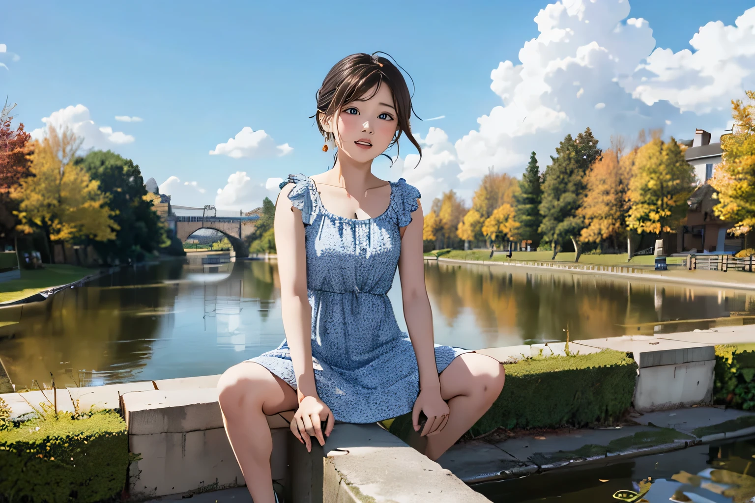 sitting on the bollard, spread her legs, all sorts of pattern of casual dress, tiny earrings, sweat, joying smile, her hand is on her groin, in the park, pond, bridge, big sky, buildings, light-makeup,