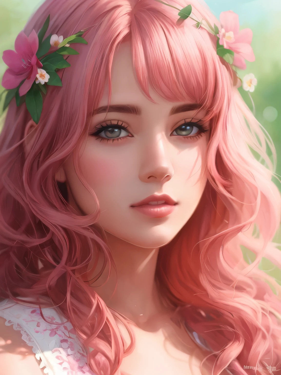 Close-up of a woman with curly pink hair and flowers in her hair, 8K high quality detailed art, realistic digital art 4k, Realistic Digital Art 4k, cute realistic portrait, 🌺 cgsociety, detailed digital anime art, detailed painting 4k, Detailed portrait of anime girl