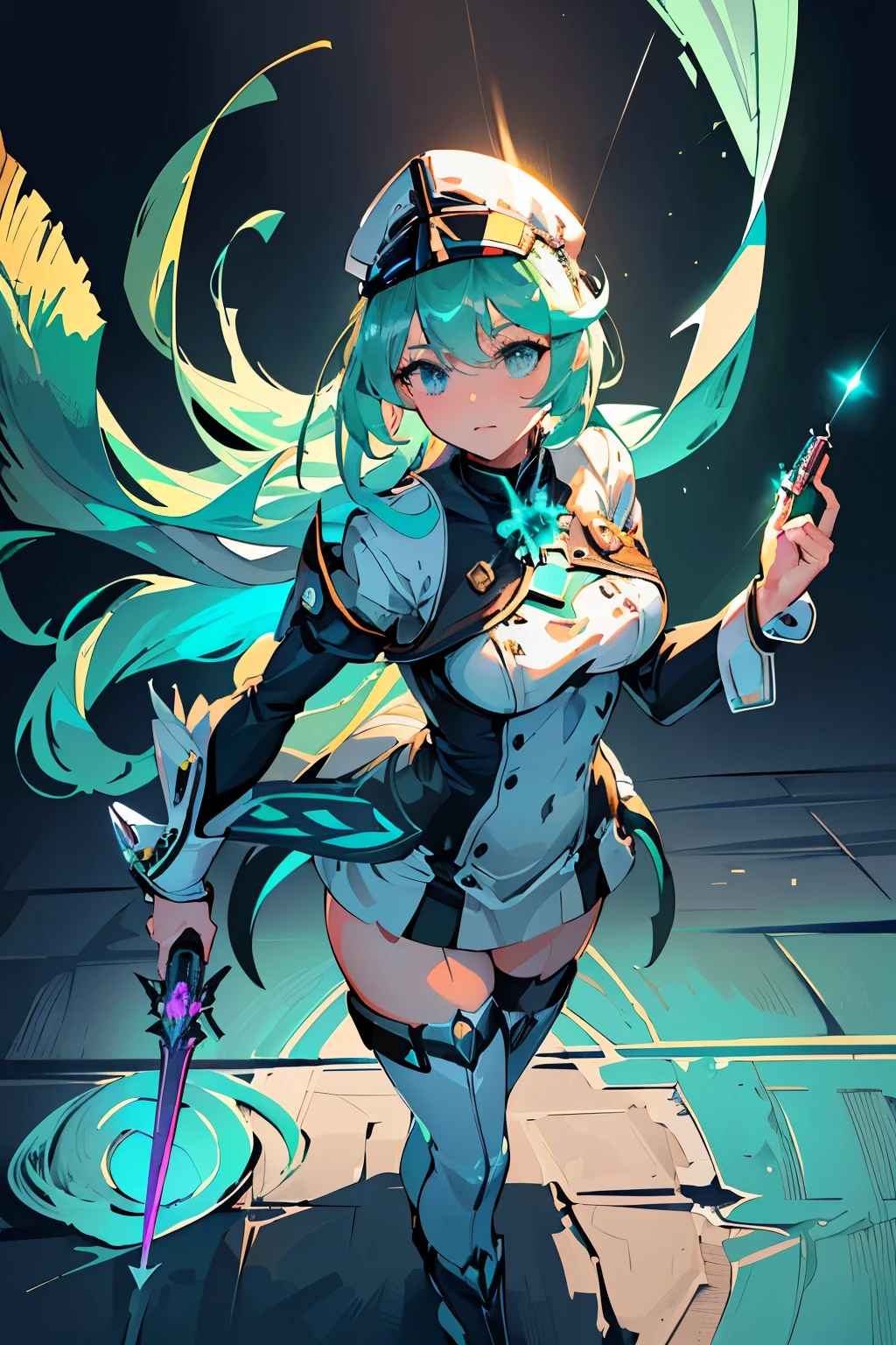 Anime, Girl, (((1girl))), (((Waifu, Xenoblade Chronicles 2, Pneuma Waifu))), (((Seafoam Green Hair, Long Hair))), ((Seafoam Green Eyes eyes:1.3, Upturned Eyes: 1, Perfect Eyes, Beautiful Detailed Eyes, Gradient eyes: 1, Finely Detailed Beautiful Eyes: 1, Symmetrical Eyes: 1, Big Highlight On Eyes: 1.2)), (((Lustrous Skin: 1.5, Bright Skin: 1.5, Skin Fair, Shiny Skin, Very Shiny Skin, Shiny Body, Plastic Glitter Skin, Exaggerated Shiny Skin, Illuminated Skin))), (Detailed Body, (Detailed Face)), Young, Idol Pose, (Best Quality), Techwear, (((Military Uniform))), (((Military Cap))), (((Military Coat))), (((Thigh-high Heeled Boots))), (((Holding Rapier))), (((Holding Handgun))), High Resolution, Sharp Focus, Ultra Detailed, Extremely Detailed, Extremely High Quality Artwork, (Realistic, Photorealistic: 1.37), 8k_Wallpaper, (Extremely Detailed CG 8k), (Very Fine 8K CG), ((Hyper Super Ultra Detailed Perfect Piece)), (((Flawlessmasterpiece))), Illustration, Vibrant Colors, (Intricate), High Contrast, Selective Lighting, Double Exposure, HDR (High Dynamic Range), Post-processing, Background Blur