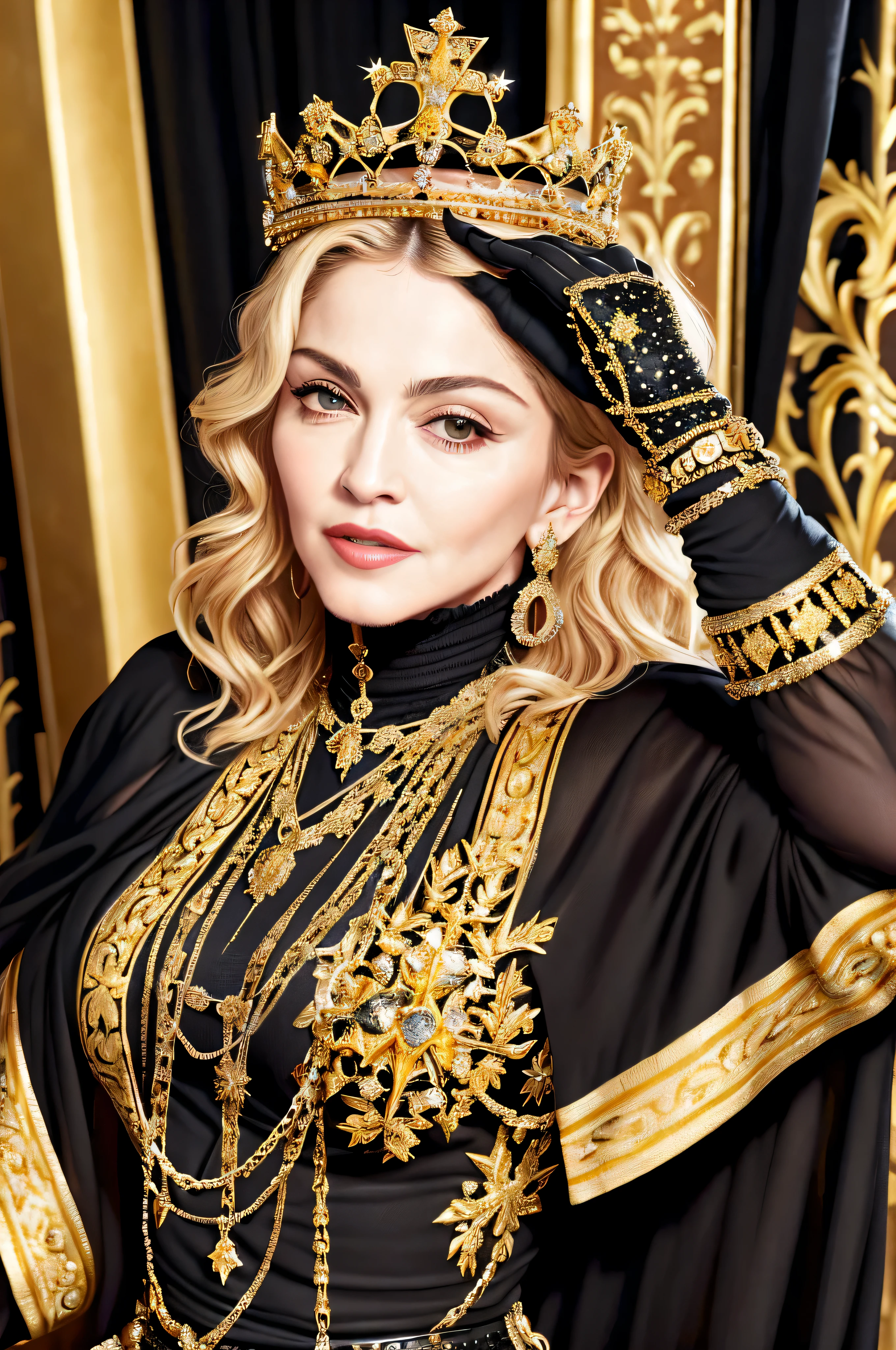 Madonna , (photorealistic: 1.4) (ultra-detailed) (full body), crown, popstar, movie scene (black and gold), sparkles, splendor, wealth, nobility, king and queen