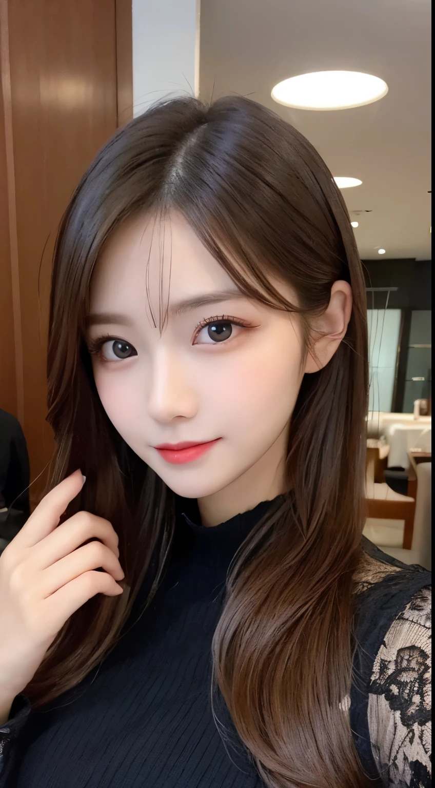 table top, highest quality, figure, super detailed, finely, High resolution, 8k wallpaper, 完璧なダイナミックな構figure, beautiful and fine eyes, classy gorgeous winter dress,straight hair,,natural color lip,smile,20 year old girl、cute、sexy looking at camera,Always blur the background,perfect and beautiful face,Take only the face,beautiful and detailed face、slim face and style、Big eyes、elegant face、beautiful and detailed face、KPOP idol face、japan idol face、Big eyes、High-rise hotel top floor party venue、Blur background、Take a photo of your whole body
