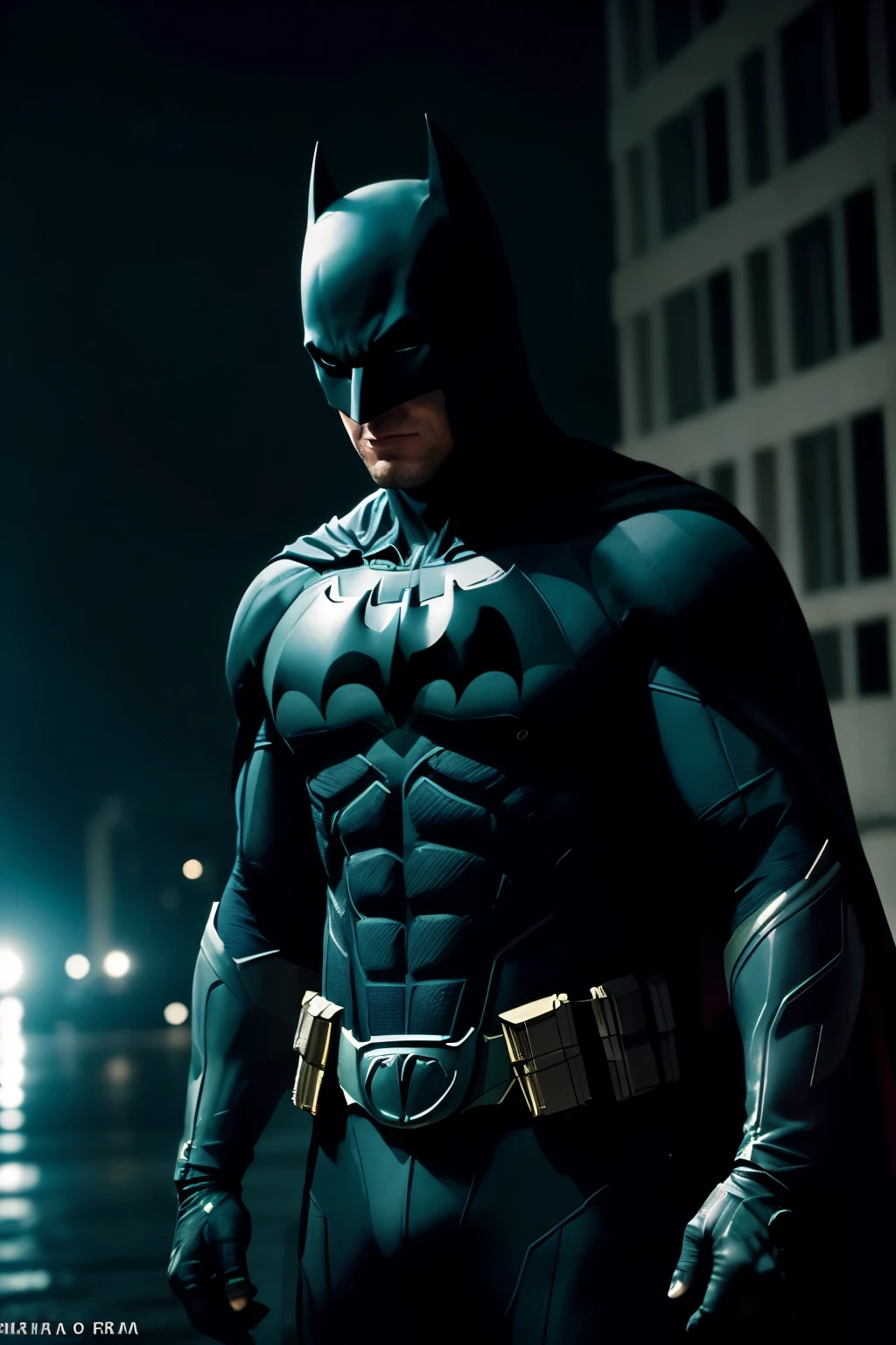(8k, foto crua, melhor qualidade, obra de arte: 1.2), ultra-detalhado, arte formal, fotorrealismo: 1.37, tiro na parte superior do corpo, Batman DC, Film grain, action pose