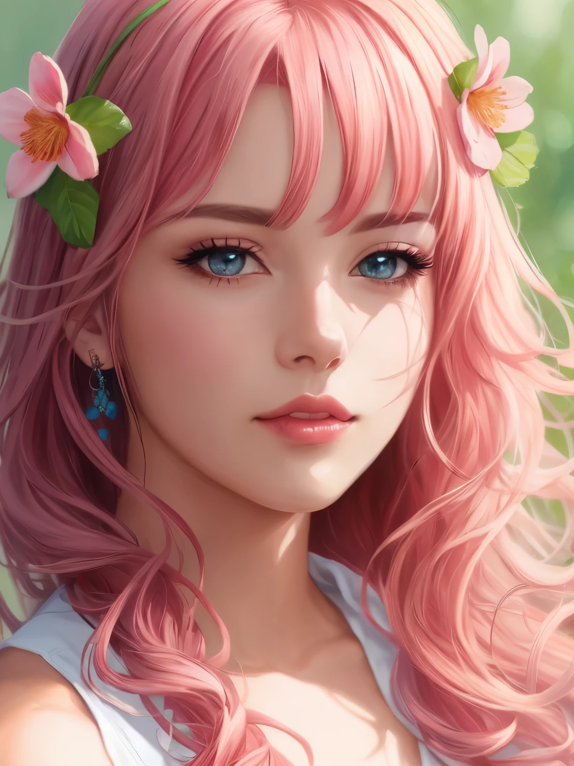 Close-up of a woman with curly pink hair and flowers in her hair, 8K high quality detailed art, realistic digital art 4k, Realistic Digital Art 4k, cute realistic portrait, 🌺 cgsociety, detailed digital anime art, detailed painting 4k, Detailed portrait of anime girl