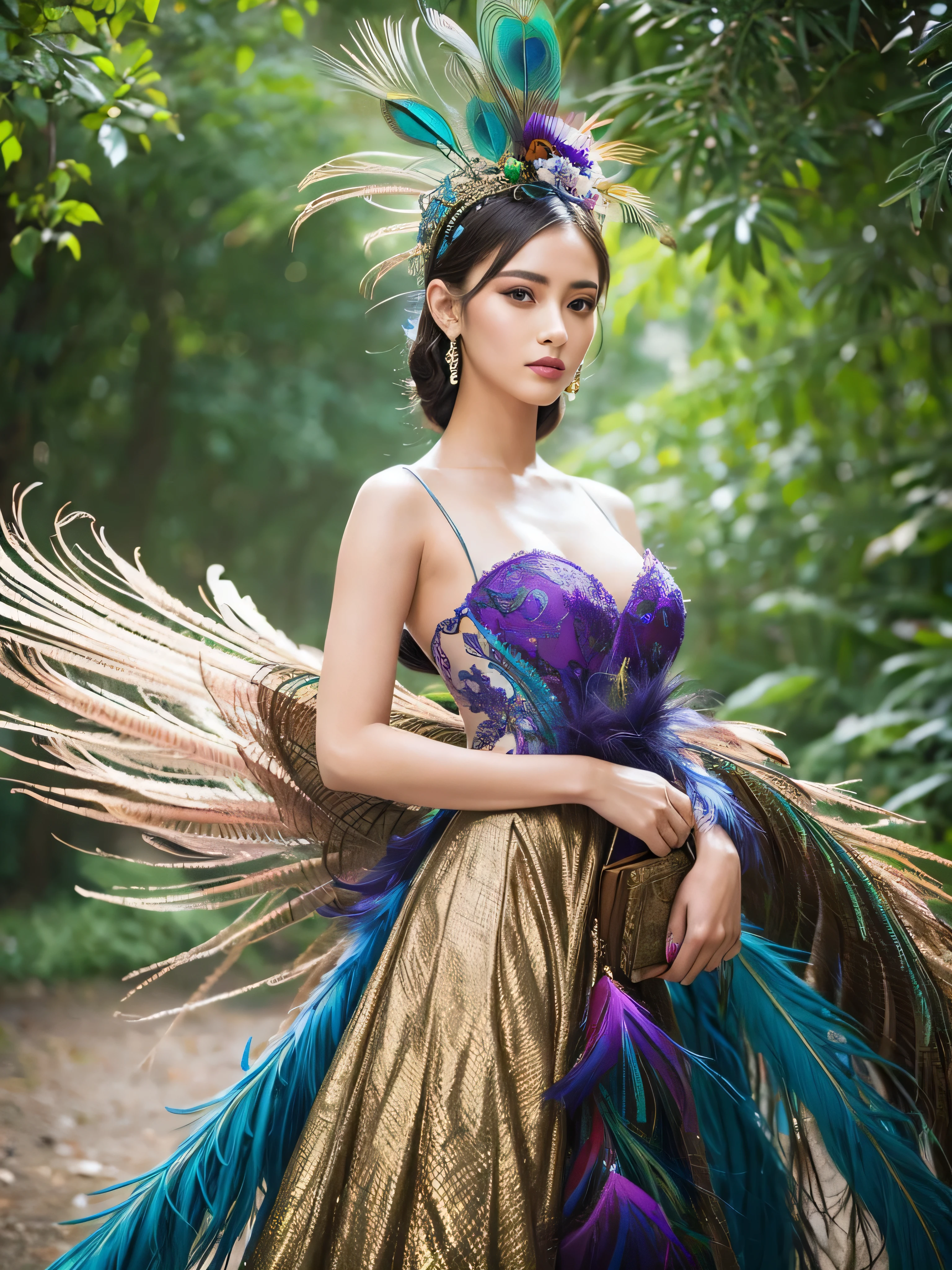 A young woman adorned in a unique and luxurious outfit made from exquisite peacock feathers.. Picture her wearing a stylish outfit that perfectly combines vibrant, iridescent peacock feathers., Create a unique and unique fashion identity.. Pay attention to the careful arrangement of the feathers., Emphasizes a variety of colors and intricate patterns.. Set the scene in a scene that complements the luxurious peacock feather costume., This ensures that the overall image conveys a sense of sophistication and artistic flair.