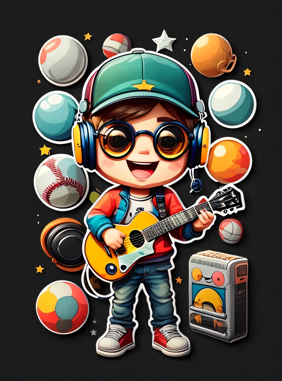 adesivo, Feliz colorido, boy with baseball cap glasses, com fones de ouvido e guitarra, kawaii, contorno, Vetor, fundo de carro e videogame