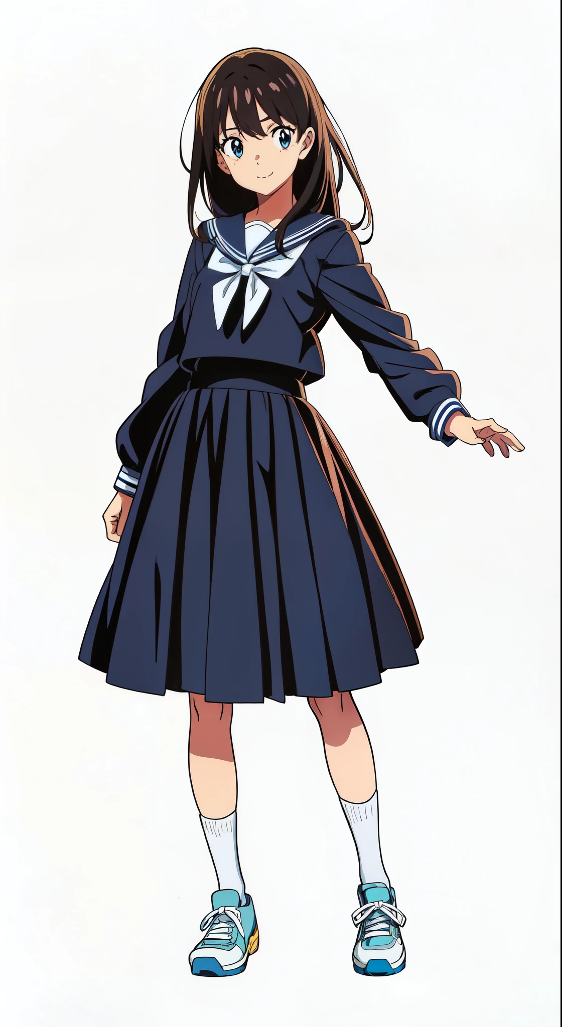 (white background:1.0), (anime:2.0), (official art:2.0), (best quality:2.0), (masterpiece:1.0), (full body:1.0), (solo:1.0), (a cute girl:1.5), (long skirt:1.25), (dark blue skirt:1.0), (pleated skirt:1.0), (long sleeve dark blue sailor uniform:1.25), (sneakers:1.0), (white socks:1.0), (ideal ratio body proportions:1.0), (lanky:1.0), (tall:1.0), (slender:1.0), (small breasts:1.0), (smaller face:1.0), (tareme:1.5), (detailed beautiful eyes:1.5), (detailed beautiful face:1.5), (glowing black eyes:1.0), (long hair:1.0), (black hair:1.0)