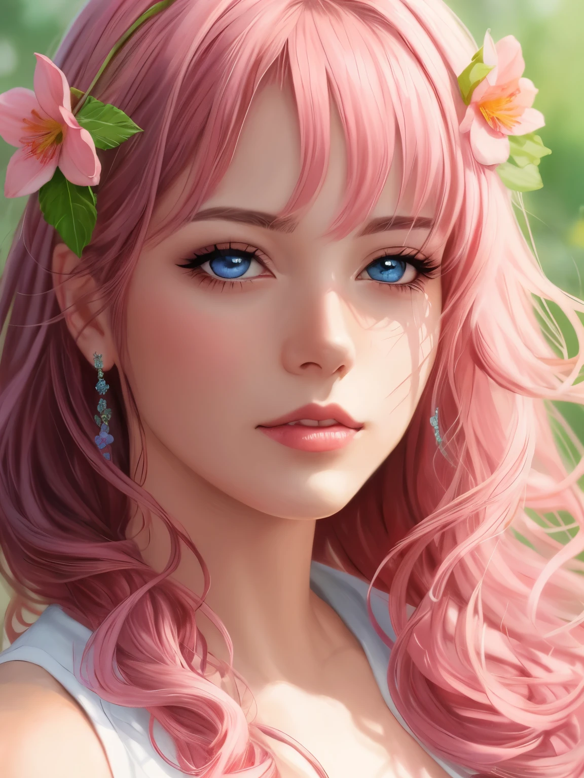 Close-up of a woman with curly pink hair and flowers in her hair, 8K high quality detailed art, realistic digital art 4k, Realistic Digital Art 4k, cute realistic portrait, 🌺 cgsociety, detailed digital anime art, detailed painting 4k, Detailed portrait of anime girl