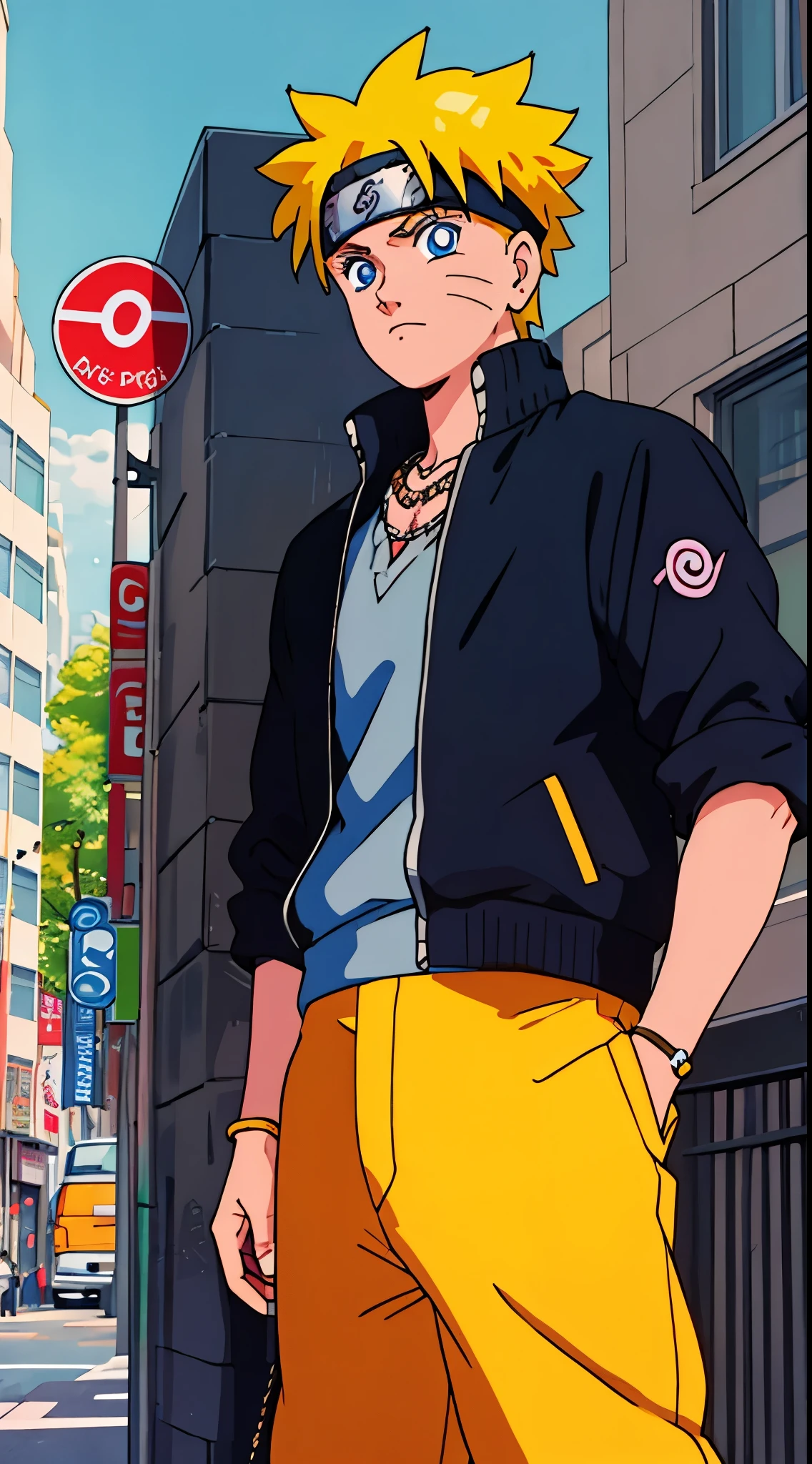 masterpiece, great style, street wear, outdoor, Half body,gold necklace、tattoo, uzumaki naruto, blue eyes, yellow short hair,boy