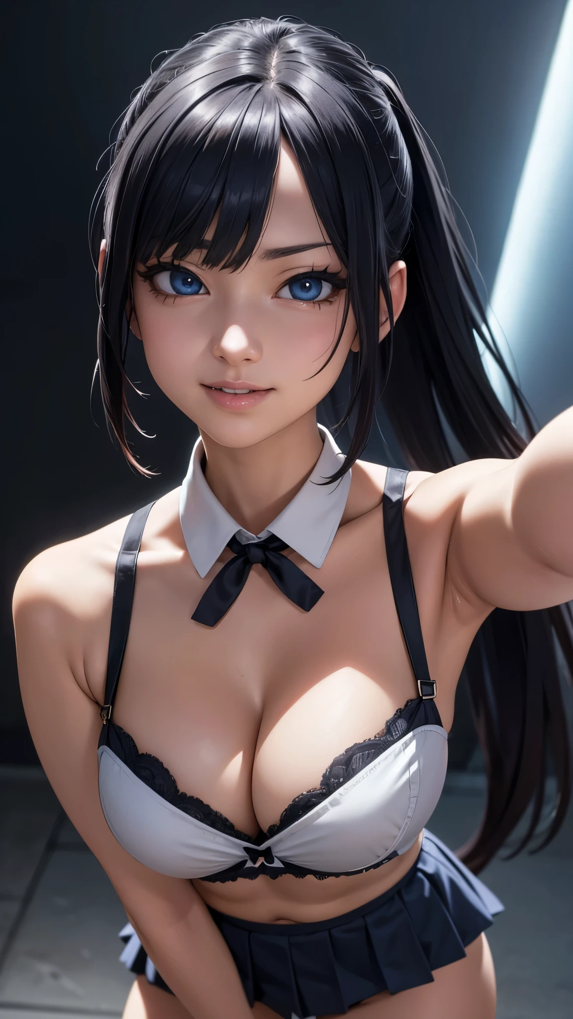 anime character girl, beautiful smile, big breasts, panties and bra, in an action scene from an anime, manga style, vibrant colors, dynamic lighting, (best quality, 4k, highres, masterpiece:1.2), ultra-detailed, (realistic:1.37), detailed eyes and face, long eyelashes, expressive eyes, flowing hair, cute school uniform, energetic pose, intense fighting stance, dramatic background, vivid special effects, dramatic camera angle, fast-paced motion, adrenaline-filled, breathtaking animation