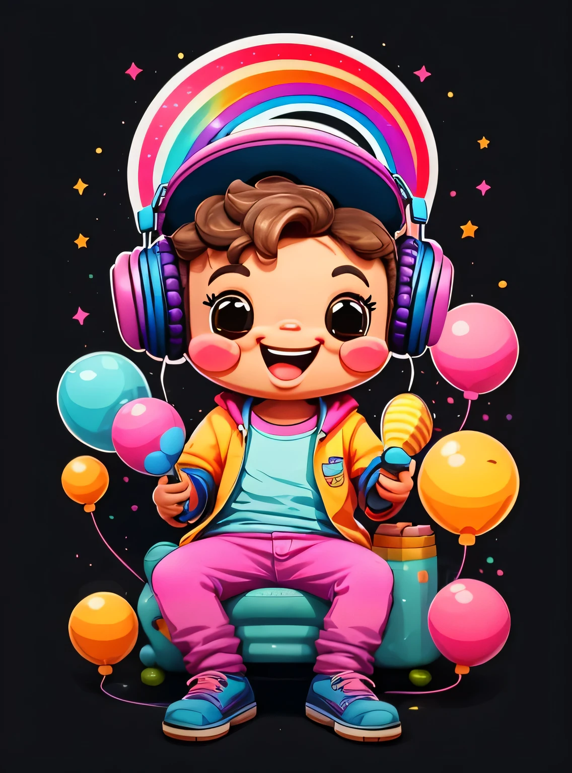 adesivo, Feliz colorido, boy with baseball cap glasses, com fones de ouvido e tocar bateria, kawaii, contorno, Vetor, rainbow background